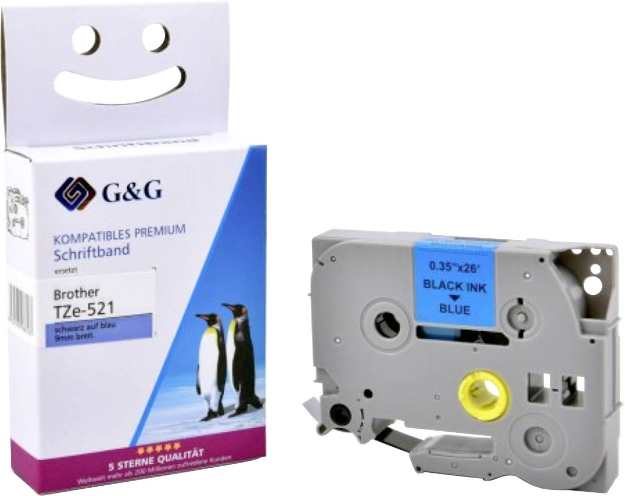 Ruban d'étiquettes compatible Premium 'G&G', avec des pingouins sur un boîtier bleu, compatible avec la cassette d'encre noire Brother TZe-521, cassette présentée.