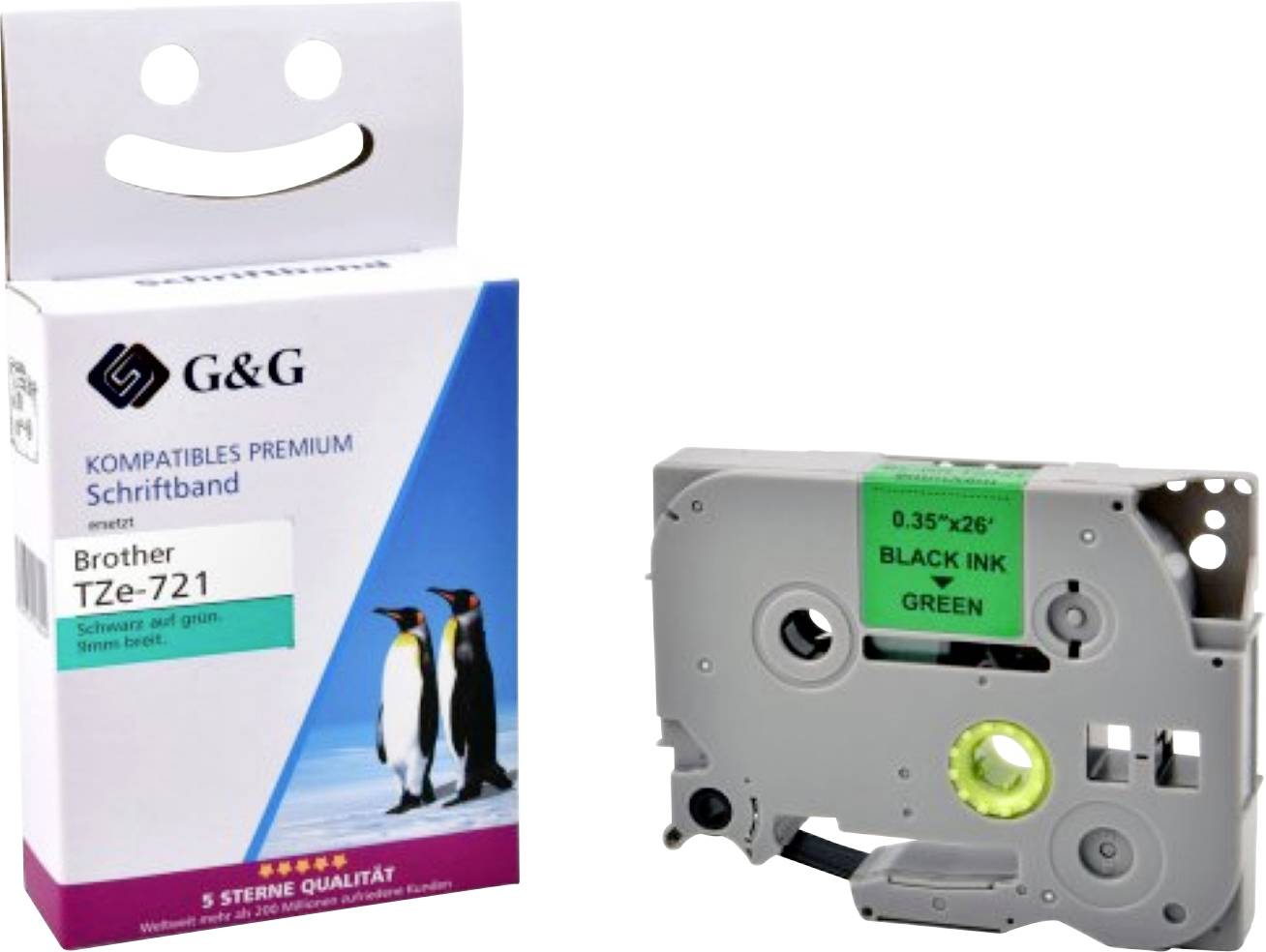 Emballage pour ruban d'étiquettes compatible G&G Brother TZe-721 avec un design de visage souriant. Comprend une image de pingouins. La cartouche de ruban est présentée.