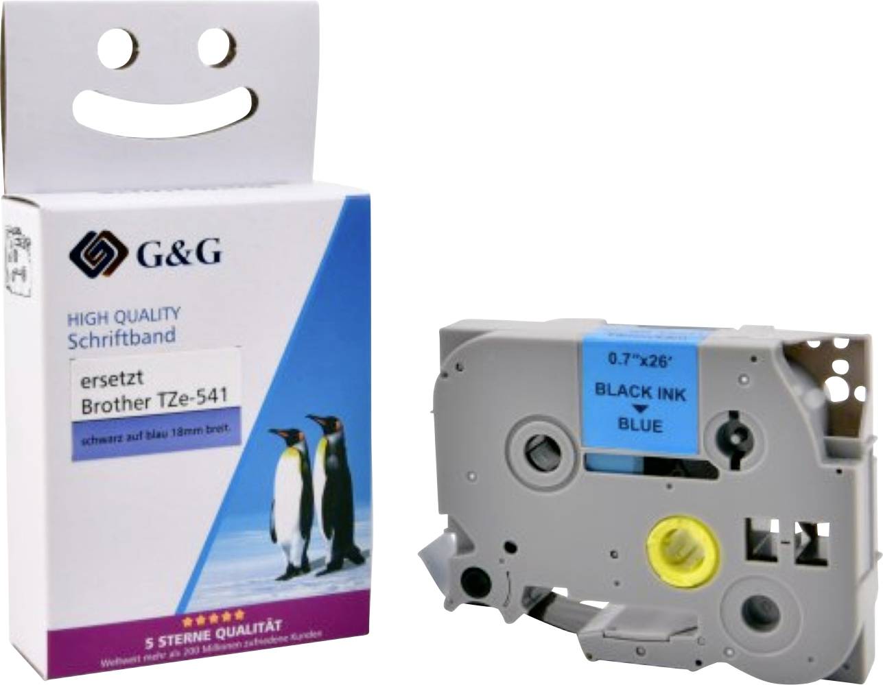 Étiquette 'G&G Haute Qualité Schriftband' avec des pingouins, compatible avec 'Brother TZe-541', comprenant une cartouche 'encre noire sur bleu' de 0,7