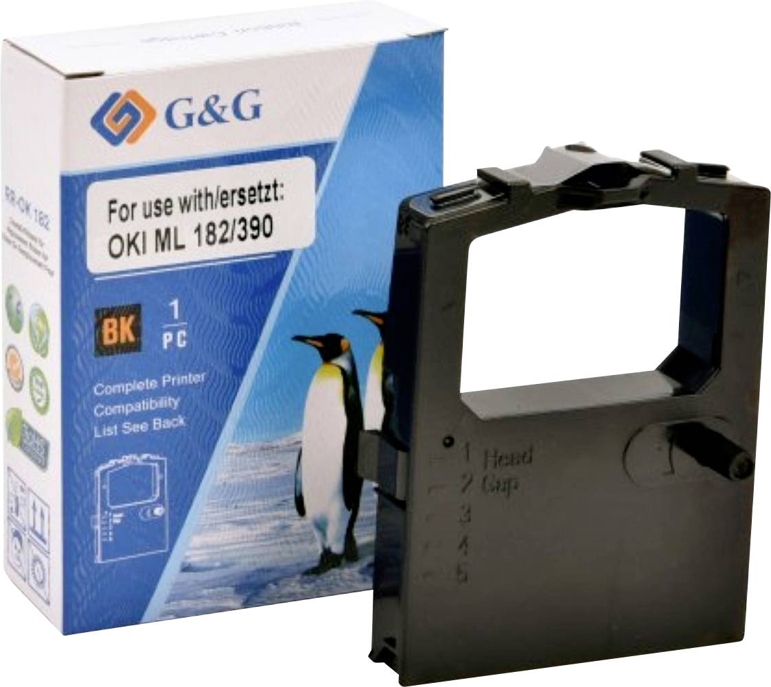Cartouche de ruban pour imprimante 'G&G' compatible avec le modèle 'OKI ML 182/390'. Boîte présentant une image de pingouin.