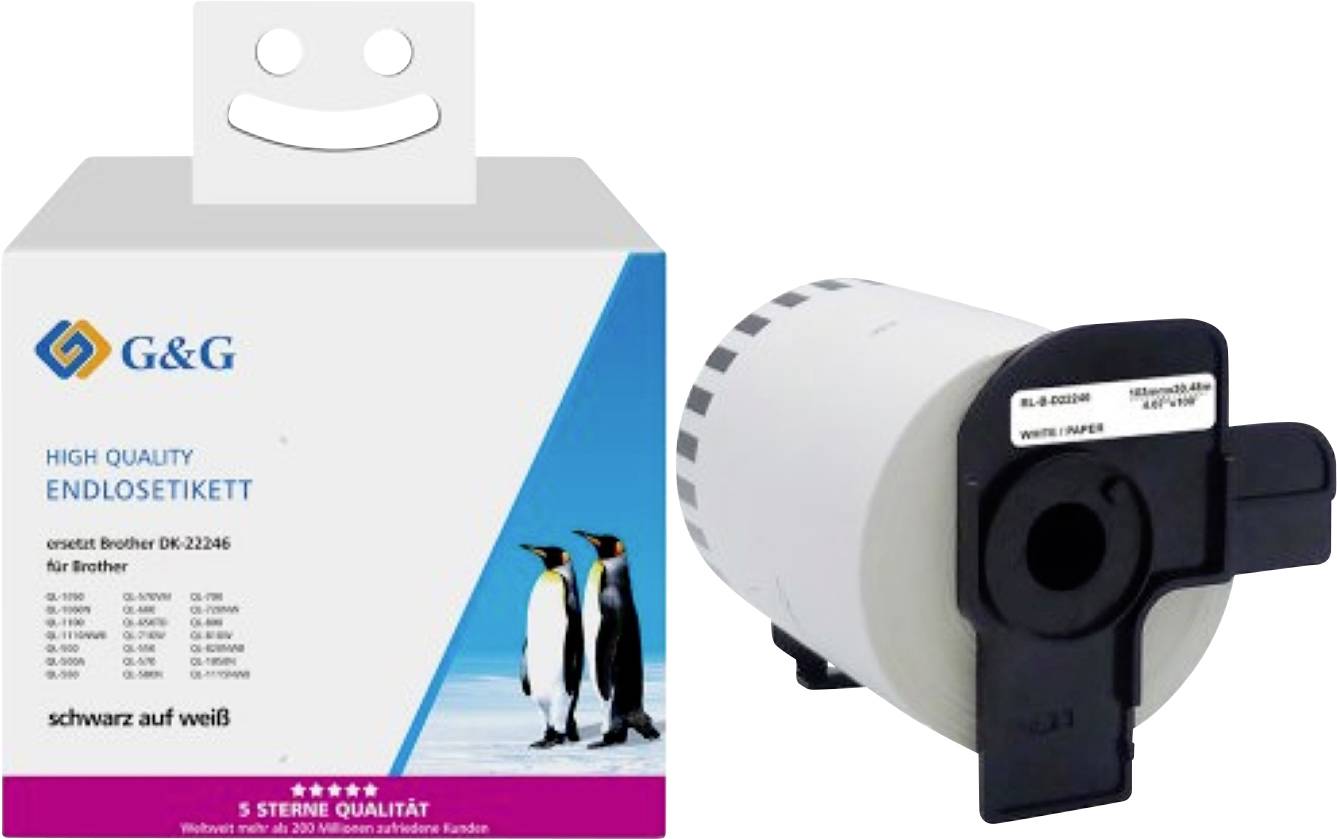 Emballage 'G&G Étiquette de Haute Qualité Sans Fin' avec trois pingouins illustrés. Rouleau d'étiquettes sur la droite étiqueté 'DK-22246 Ruban en Papier de Longueur Continue'.