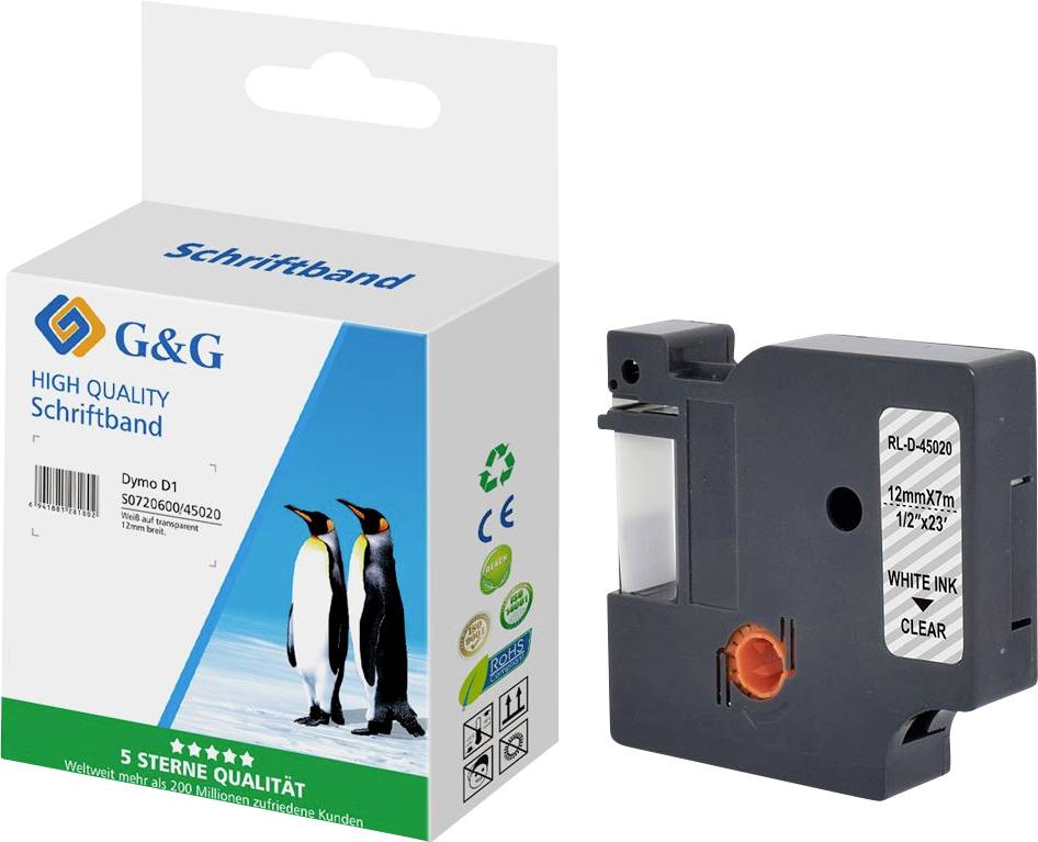 Emballage « G&G Schriftband » avec image de pingouin, modèle de produit Dymo D1. Compatible avec 12mm x 7m, encre blanche sur fond transparent.