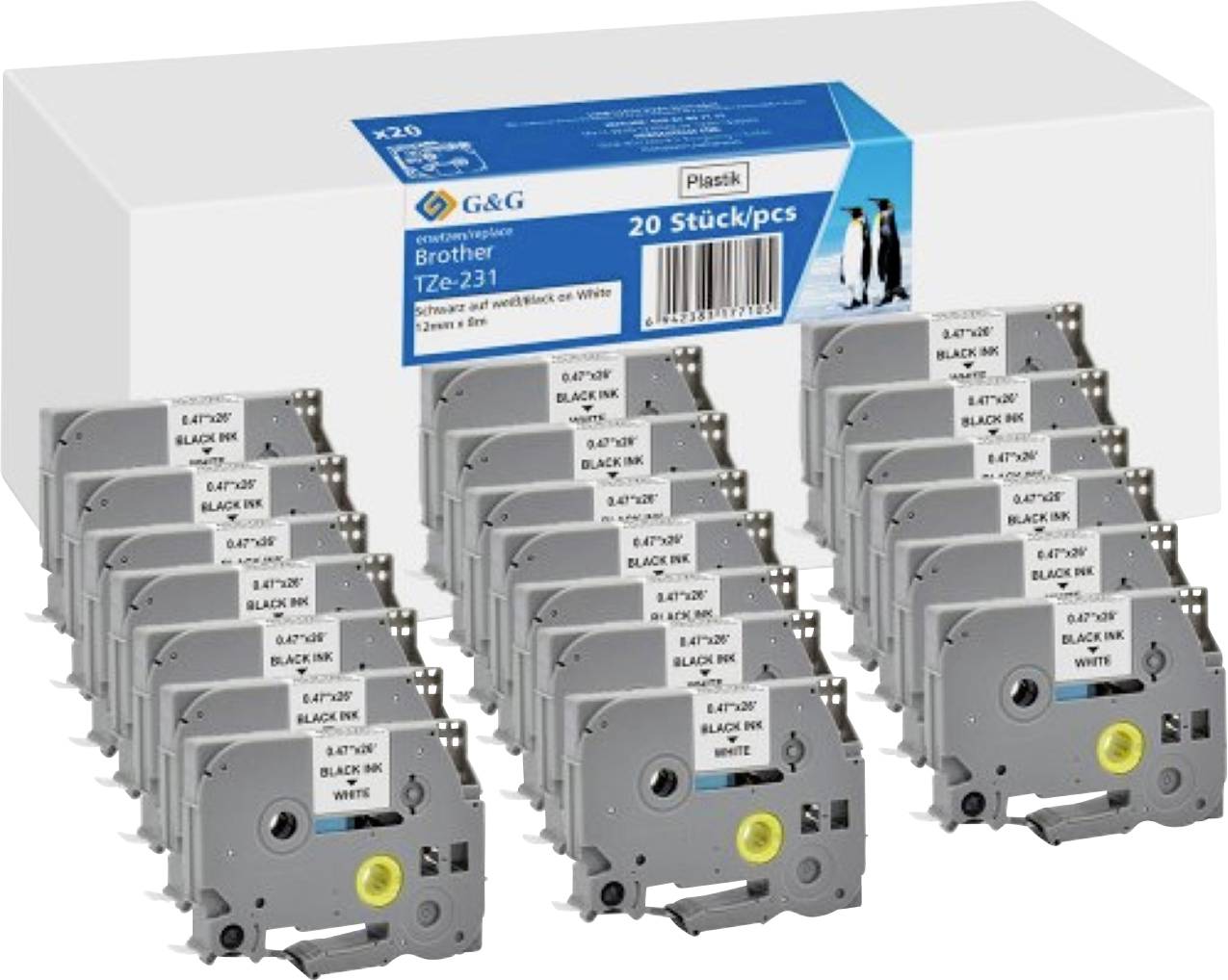 Rubans d'étiquettes G&G Brother, TZe-231, pack de 20, noir sur blanc, compatibles avec divers imprimantes d'étiquettes, présentés dans un emballage de démonstration.