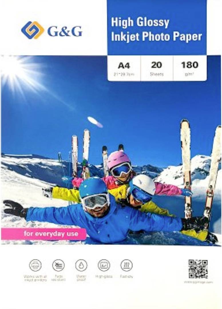 Papier photo pour imprimante jet d'encre G&G, Haute Brillance, A4, 20 feuilles, 180 g/m². L'image présente des skieurs posant sur une montagne enneigée, soulignant l'utilisation quotidienne.