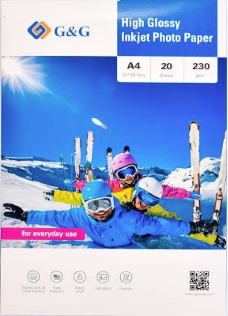 Papier photo brillant pour imprimante jet d'encre G&G, format A4, 20 feuilles, 230 g/m²