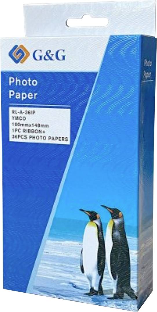Boîte de papier photo G&G étiquetée « Papier photo RL-A-36IP, 100 mm x 148 mm, 1 ruban PC, 36 feuilles de papier photo » avec des pingouins sur un fond bleu.