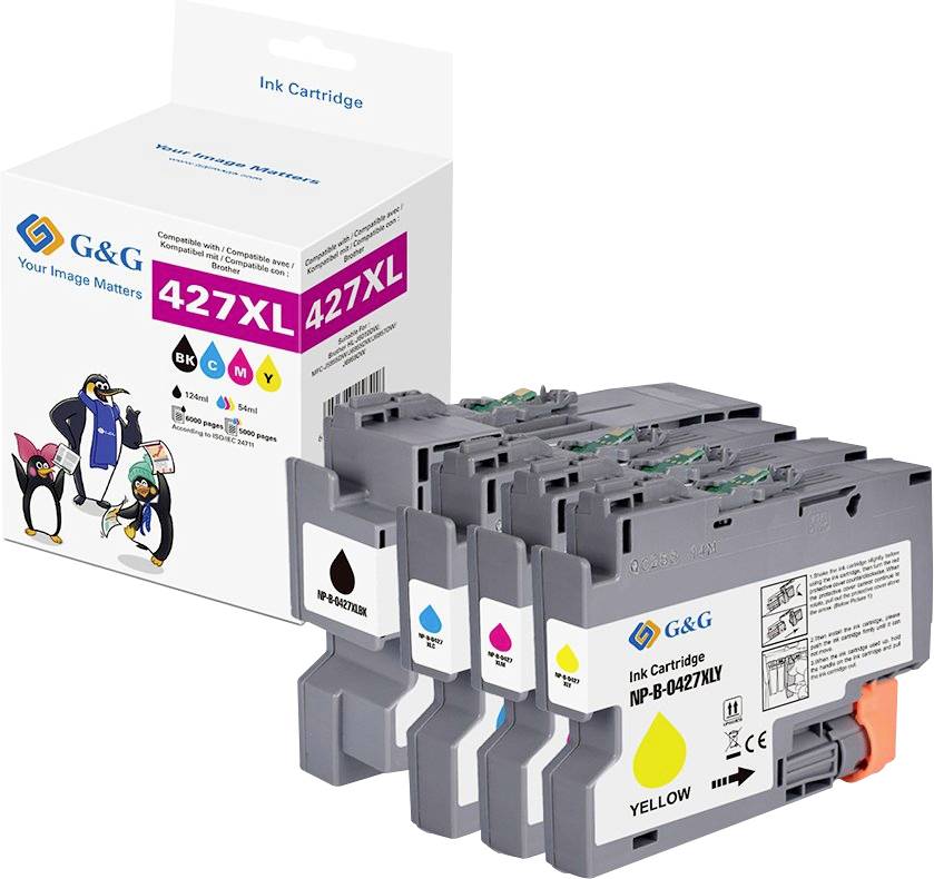 Quatre cartouches d'encre couleur (noir, cyan, magenta, jaune) avec emballage de produit affichant « G&G Votre Image Compte » et graphiques de manchot.