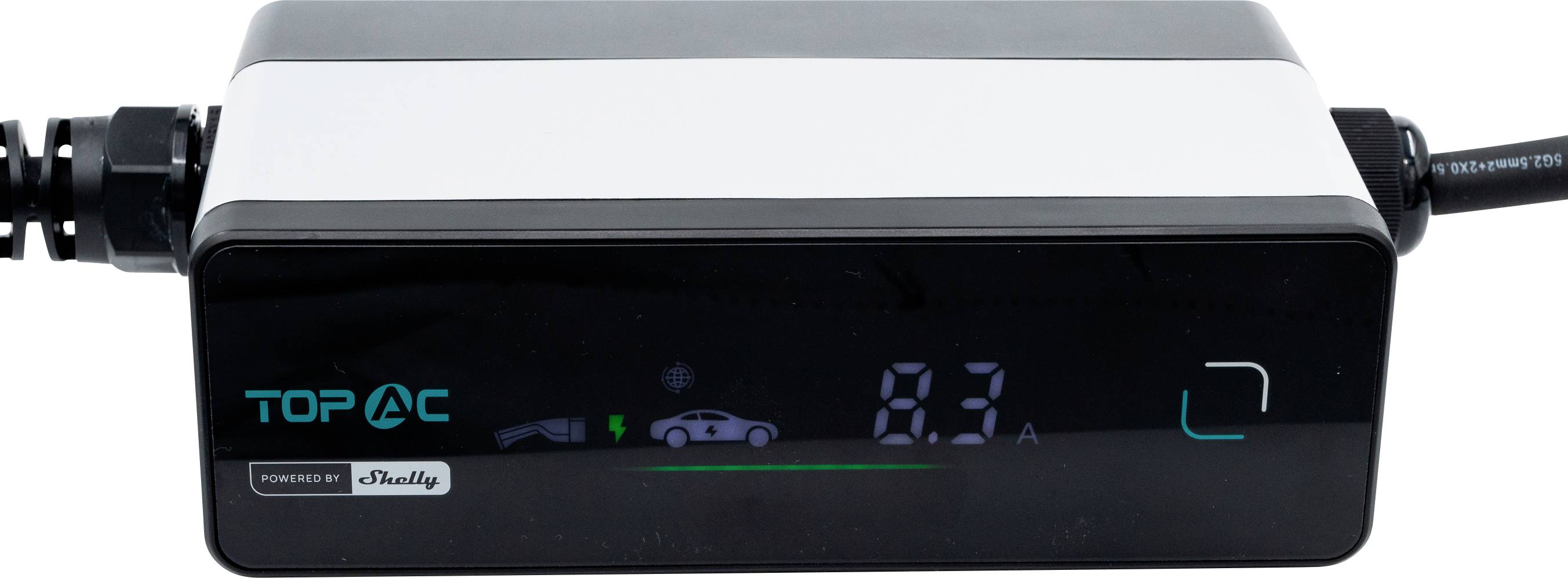'TOP AC' appareil électronique noir et blanc avec écran numérique affichant '8.3'. Des indicateurs possibles pour l'alimentation et la connectivité sont visibles.