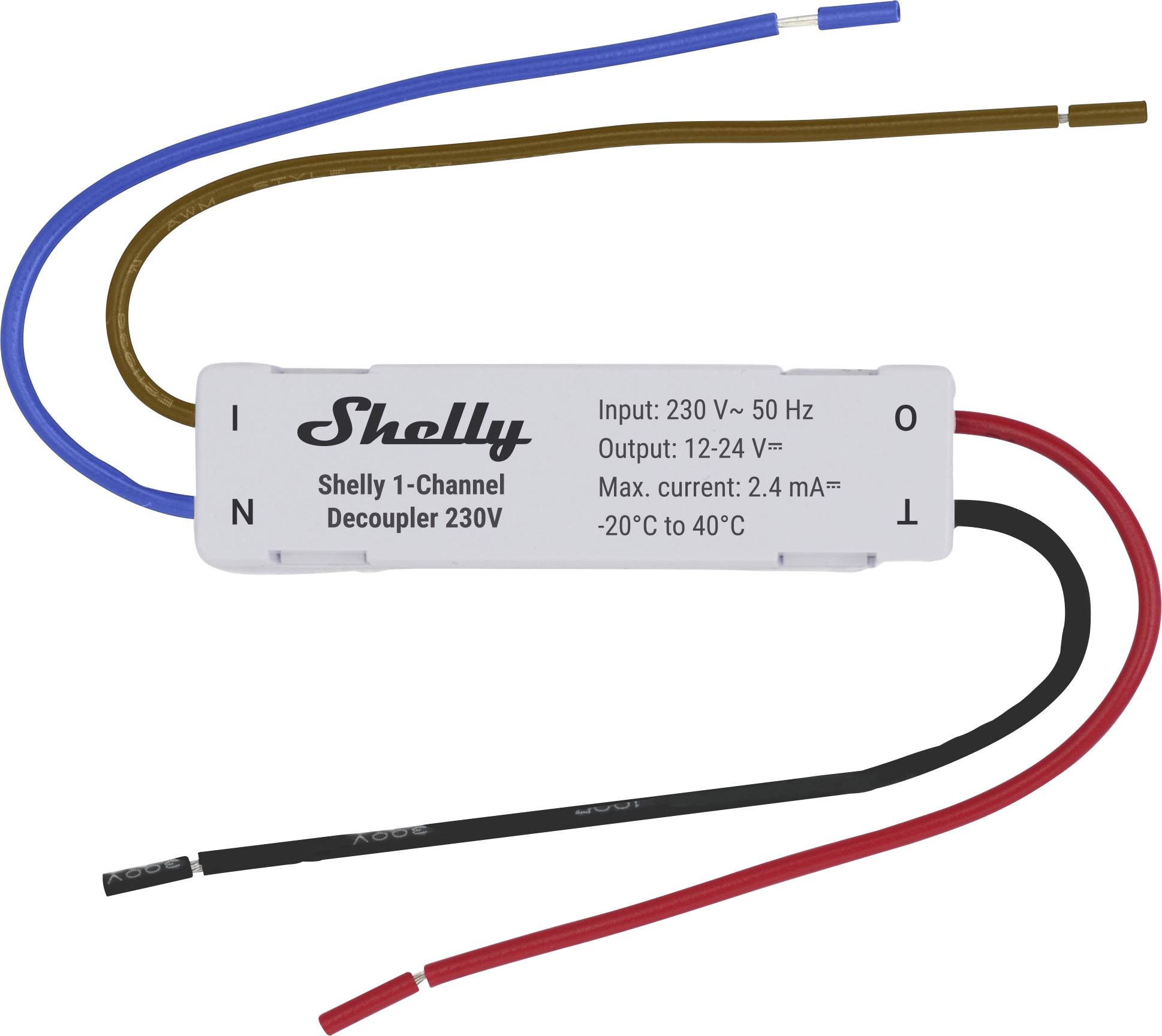 Un « Shelly 1-Channel Decoupler 230V » avec quatre fils, étiqueté comme entrée et sortie, affichant une entrée de 230V-50Hz, une sortie de 12-24V, et un courant maximal de 2,4mA.