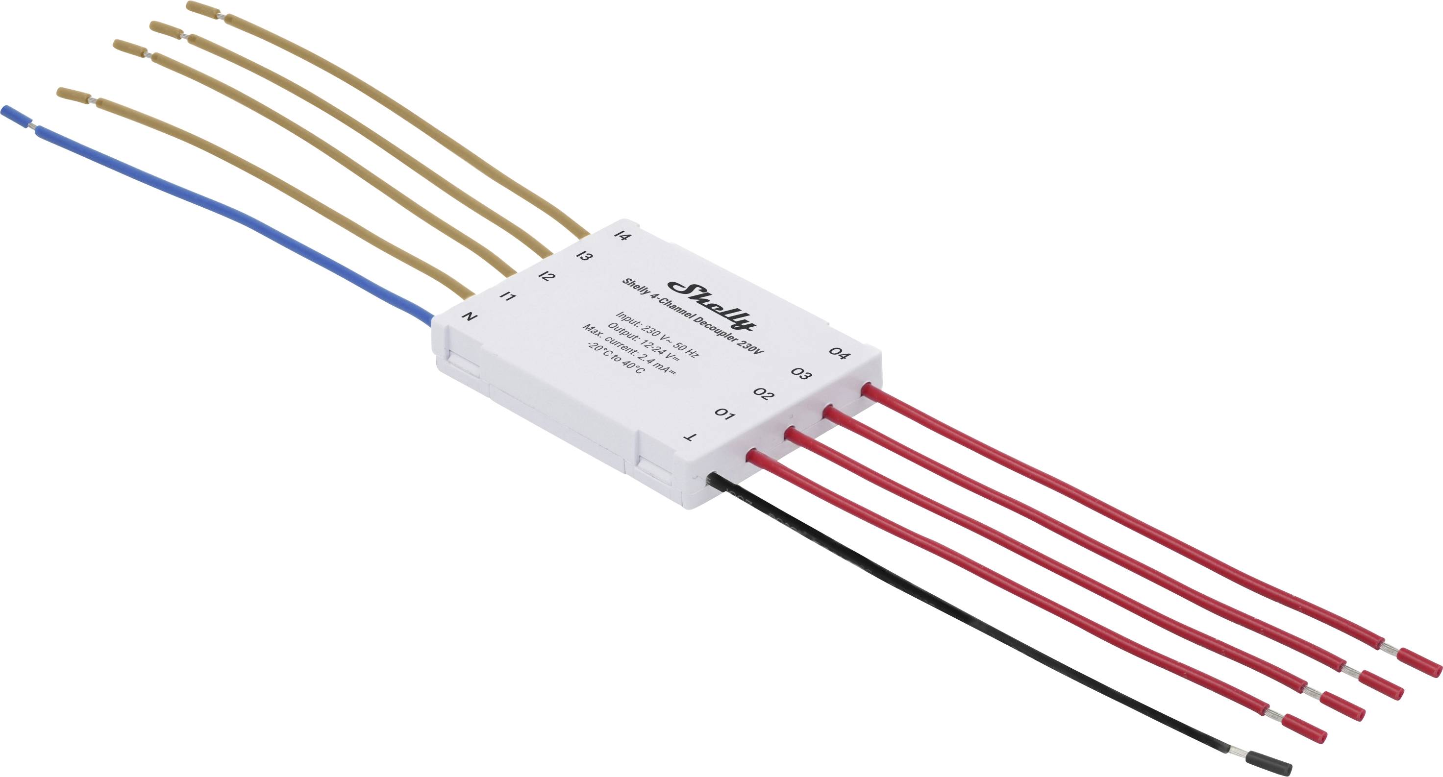 Un pilote électronique blanc avec quatre fils rouges, un fil noir et un fil bleu d'un côté, et trois fils marrons de l'autre côté, étiqueté Sinolite.
