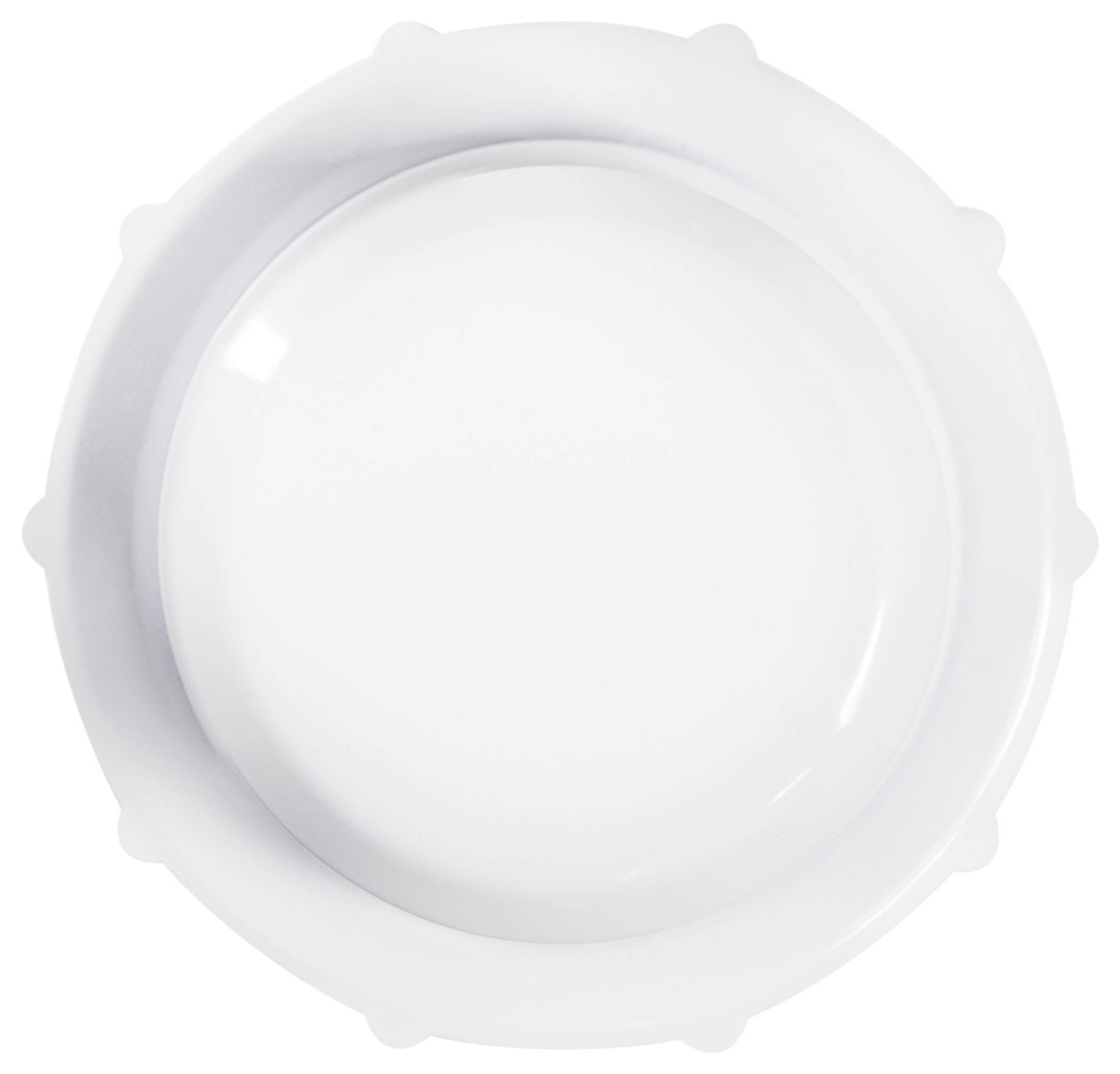 Un bouchon rond, blanc, en plastique avec une surface lisse et quelques petites protubérances autour du bord.