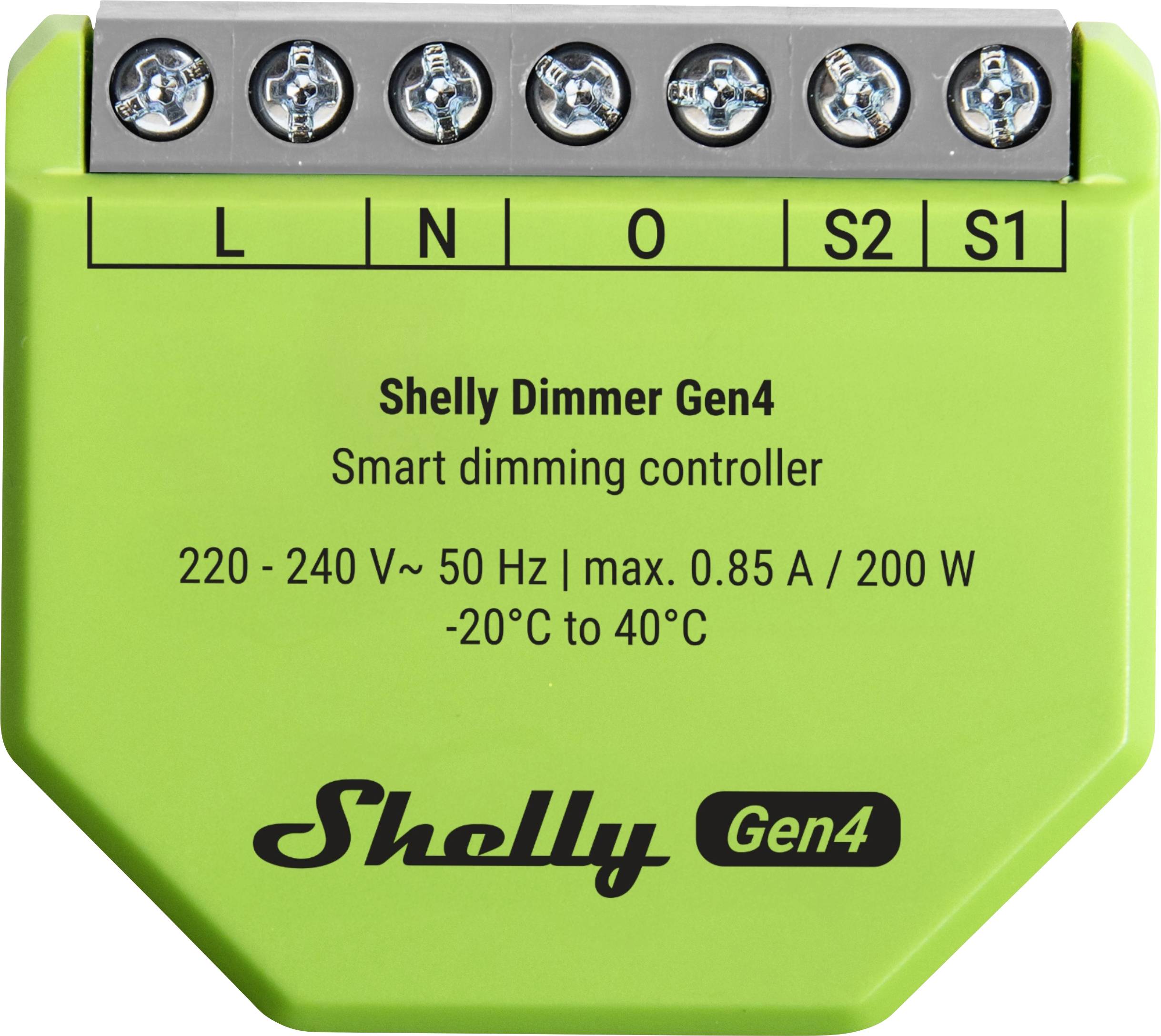 L'image montre un Shelly Dimmer Gen4 vert, un contrôleur d'éclairage intelligent avec des connexions étiquetées L, N, O, S2, S1 ; fonctionne à 220-240V.