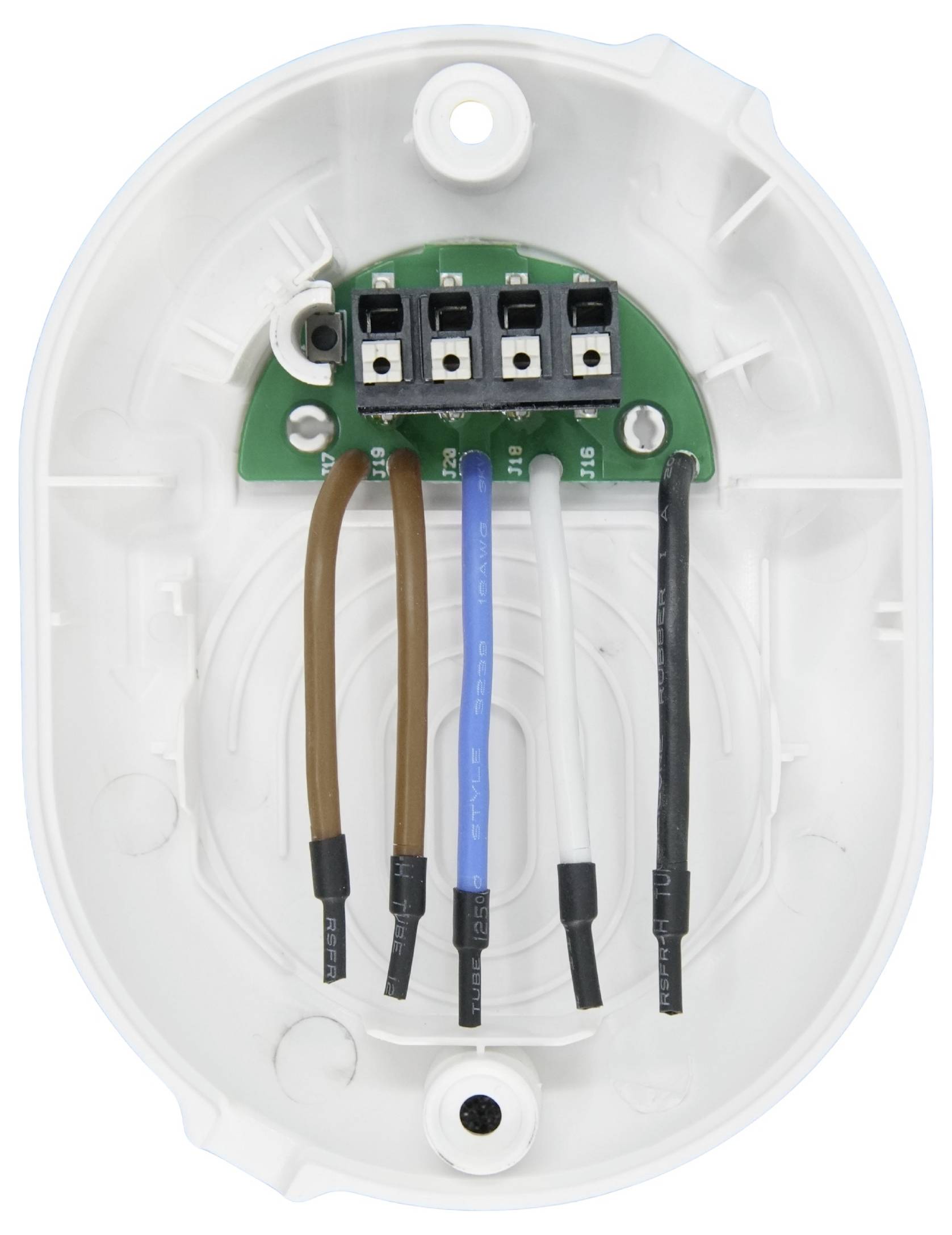 A wall-mounted electronic device's base with wiring: brown, black, white, blue cables connected to a green circuit board with terminals.