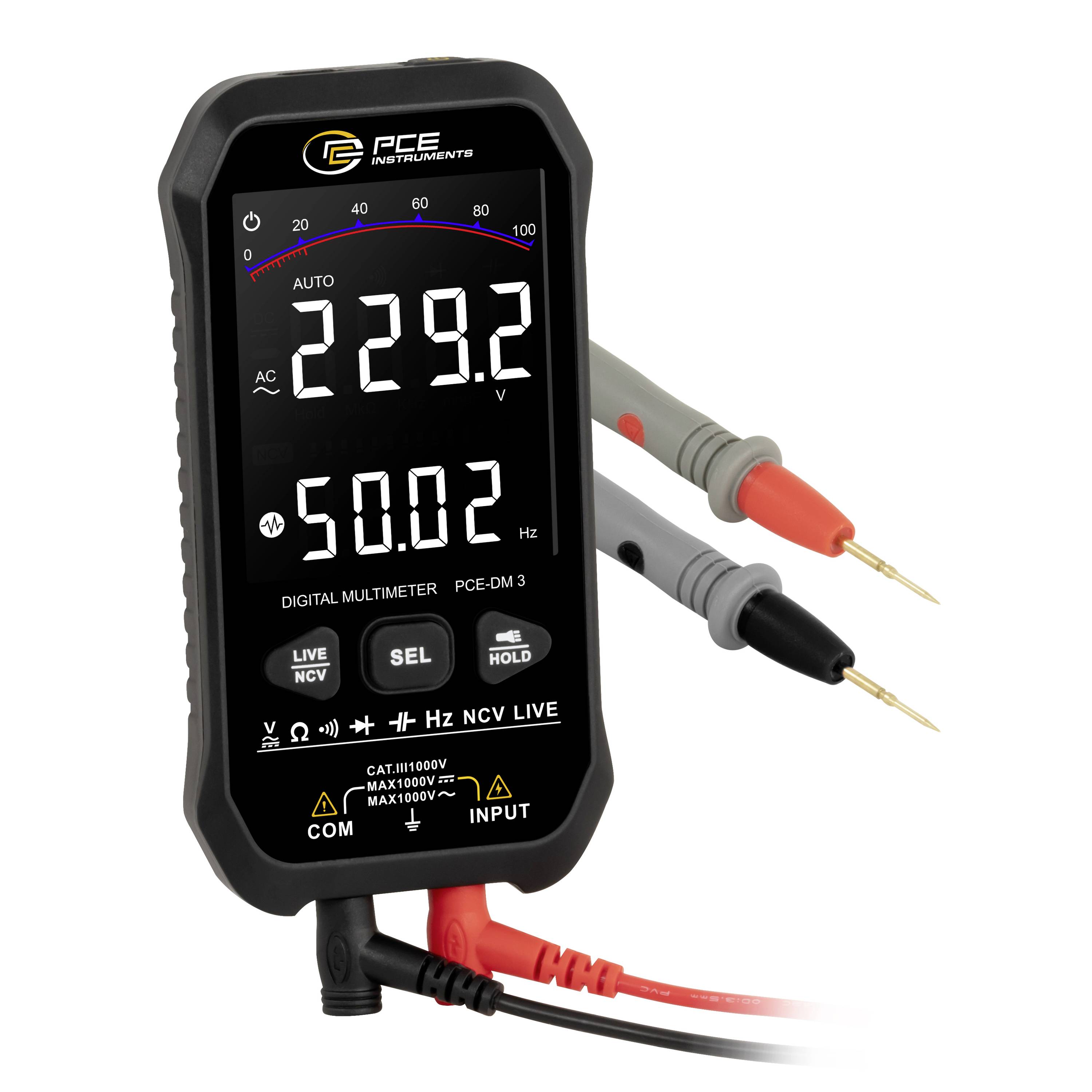 Multimètre numérique affichant 229,2 V CA et 50,02 Hz, avec des fils de test rouge et noir connectés.