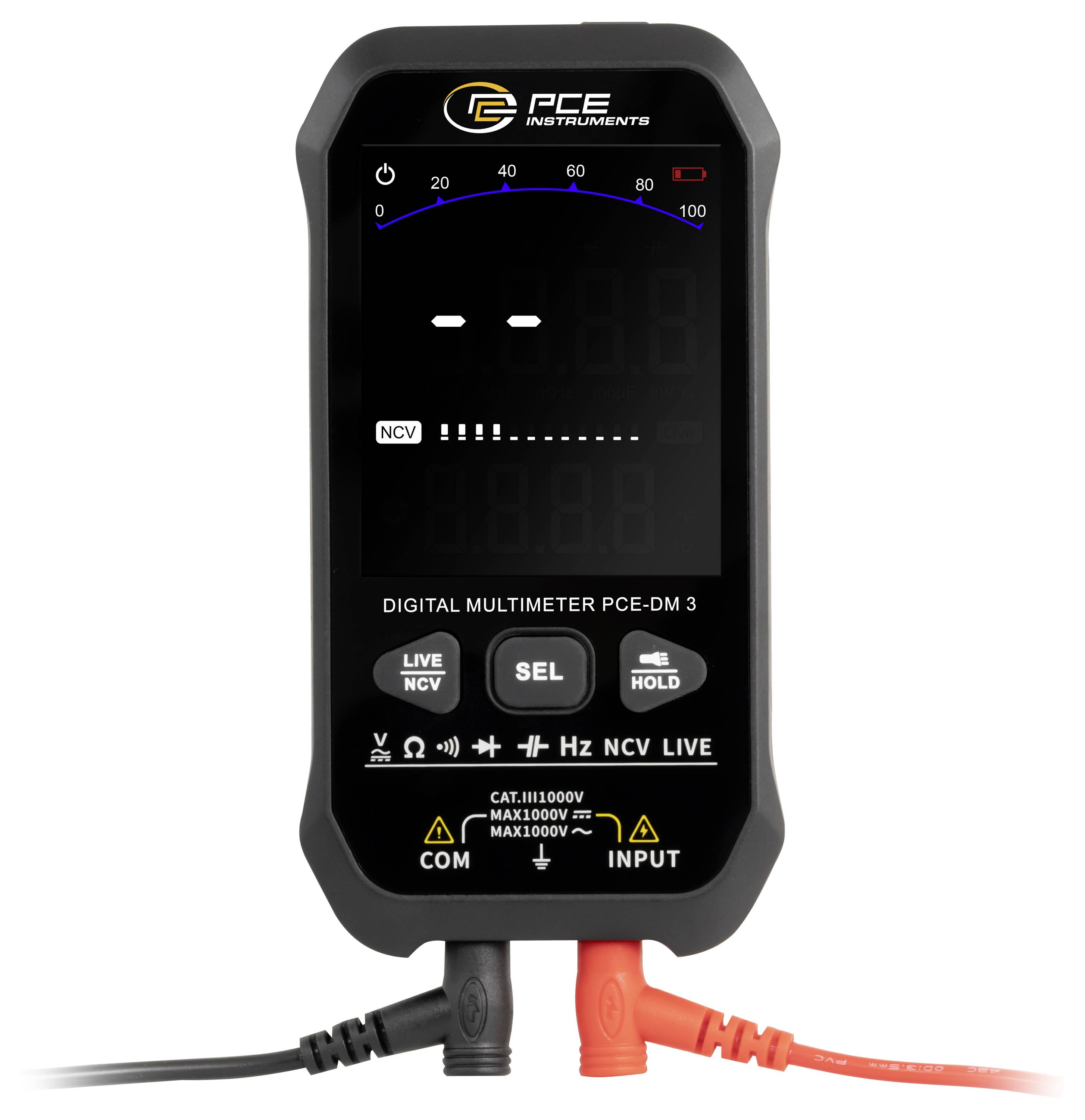 Multimètre numérique affichant un écran numérique vierge, avec des boutons SEL, HOLD et LIVE/NCV et des sondes branchées dans les ports COM et INPUT.