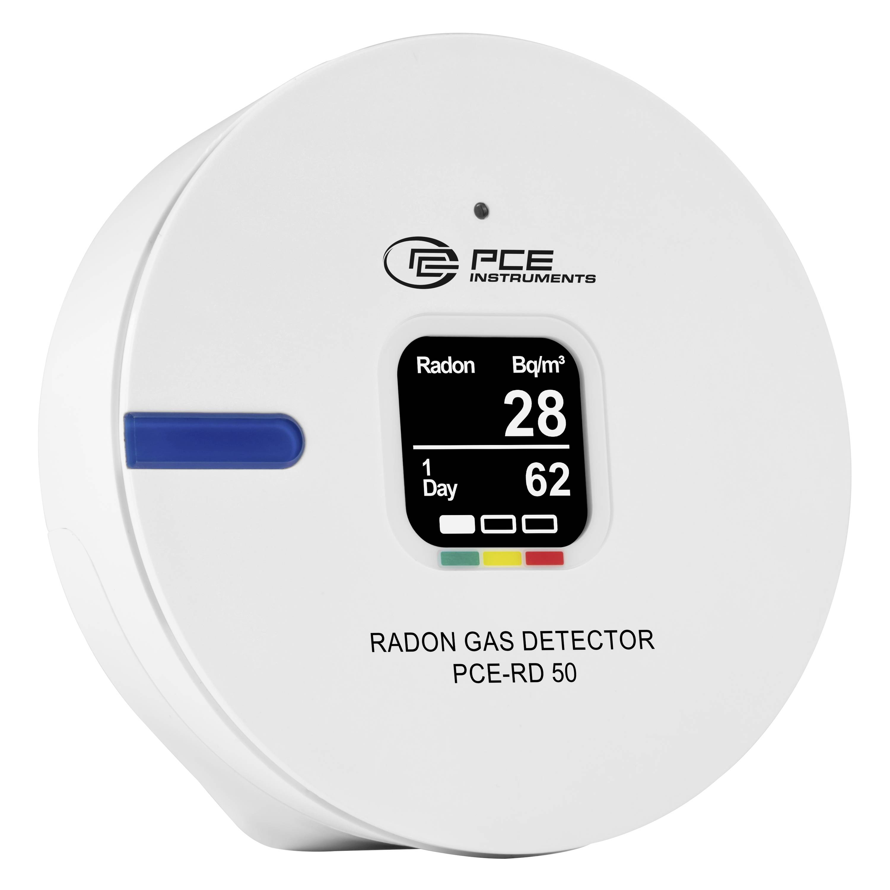 Round white PCE Instruments radon gas detector display showing 28 Bq/m³ and 62 over 1 day, model PCE-RD 50.
