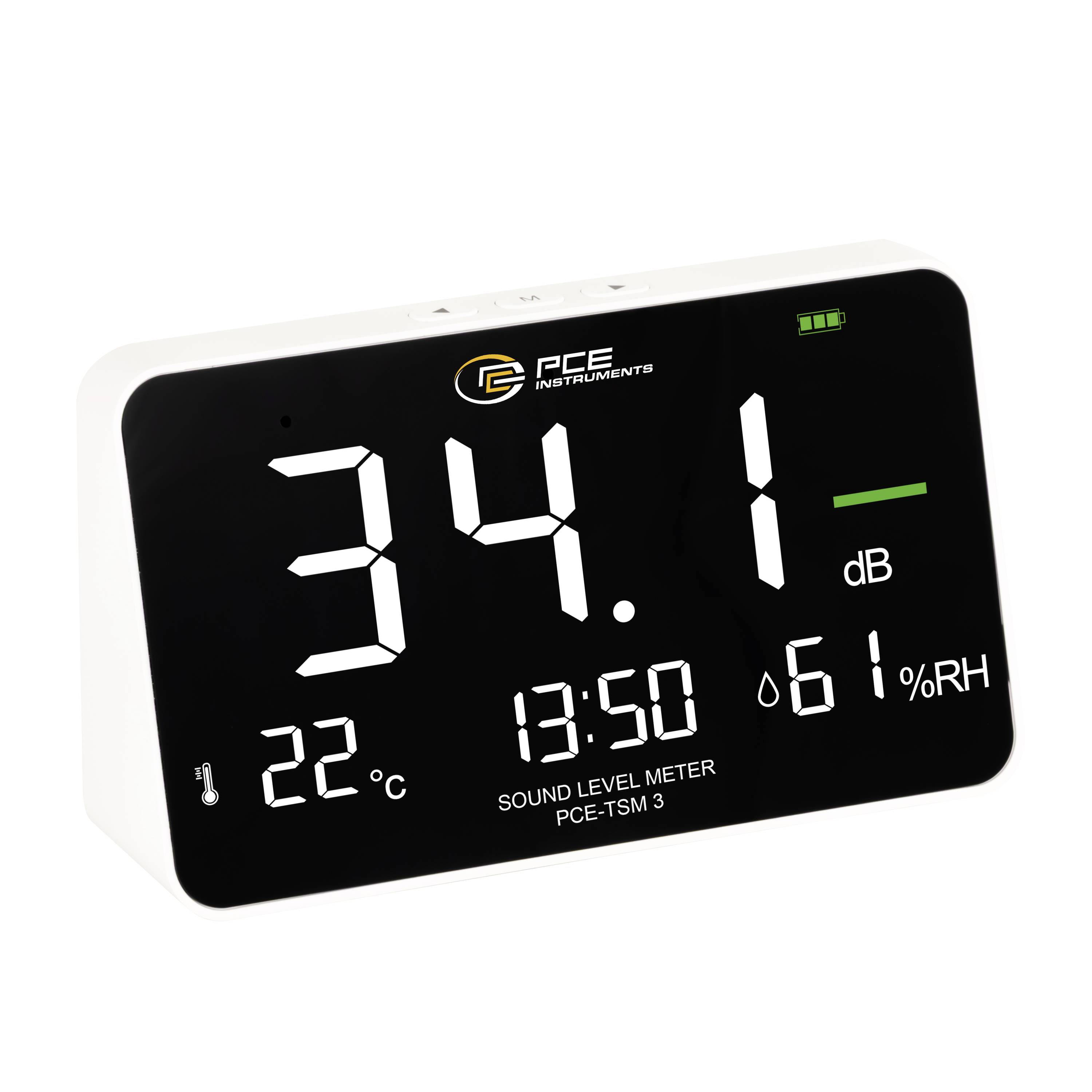 Affichage d'un sonomètre numérique indiquant 34,1 dB, avec la température 22°C et l'humidité 61% HR affichées.