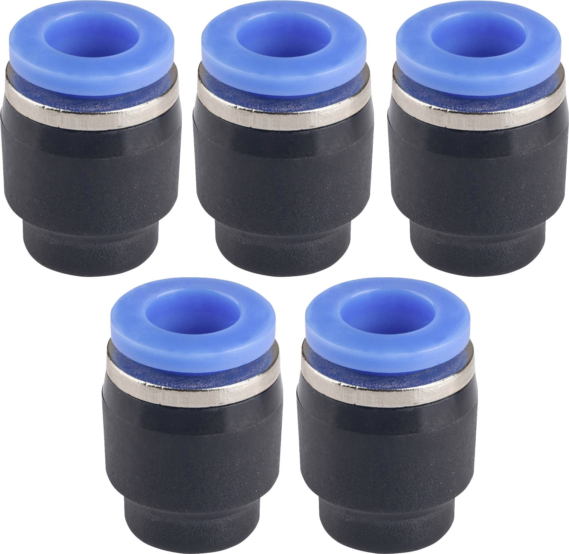 Cinq raccords noirs à connexion rapide avec des bagues de déverrouillage bleues disposés sur un fond blanc.