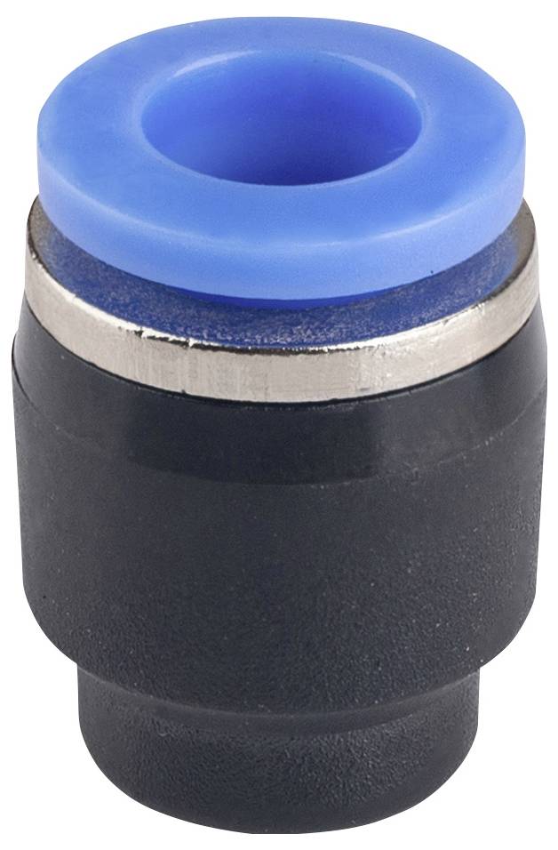 Gros plan d'un raccord de tube à connexion rapide noir avec un collier de dégagement bleu sur un fond blanc.