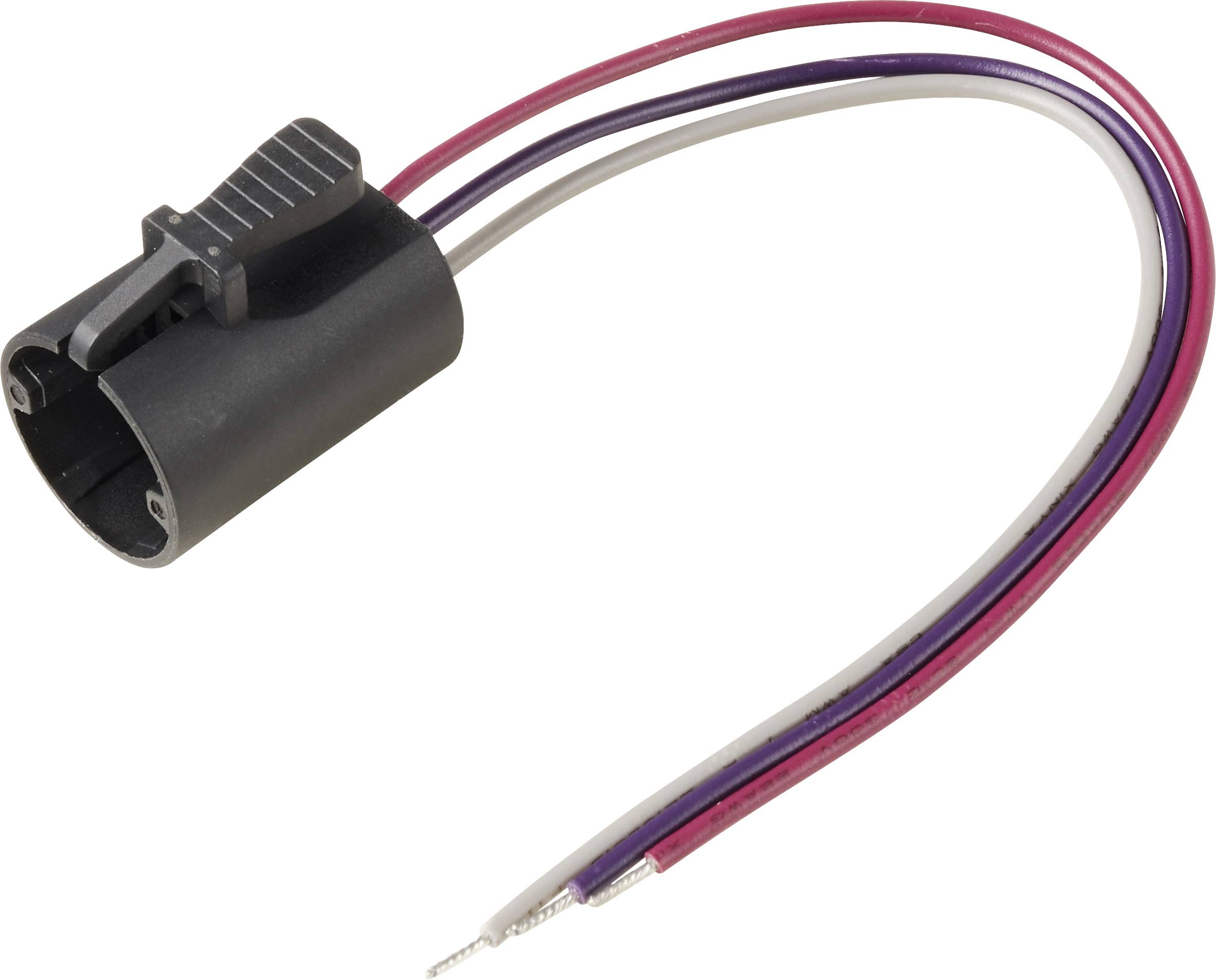 Un connecteur automobile noir avec trois fils attachés : rouge, violet et blanc, avec des extrémités dénudées pour la connexion électrique.