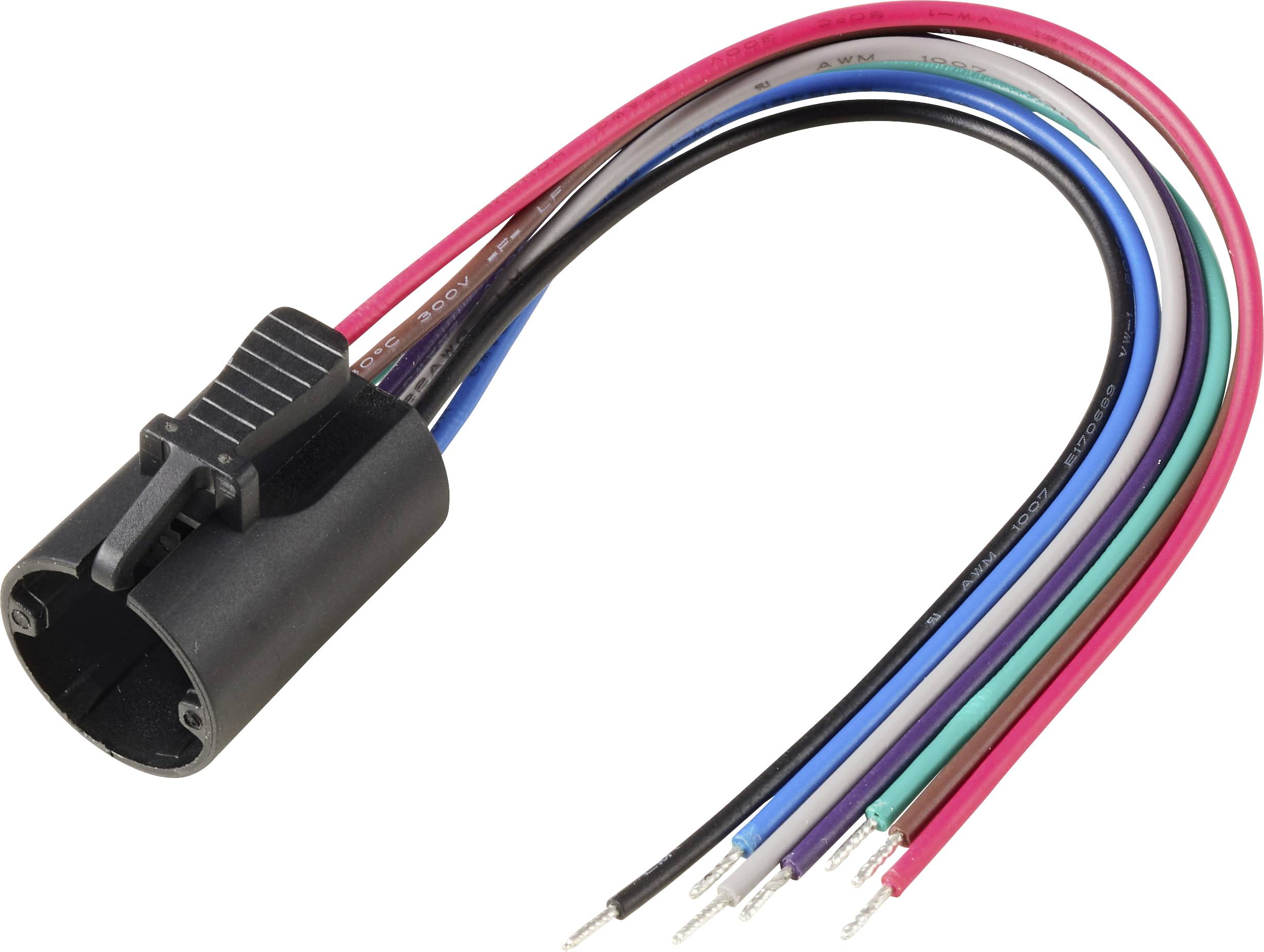 Un connecteur électrique noir à six broches avec six fils colorés : rouge, rose, bleu, vert, blanc et noir, chacun dénudé à l'extrémité.