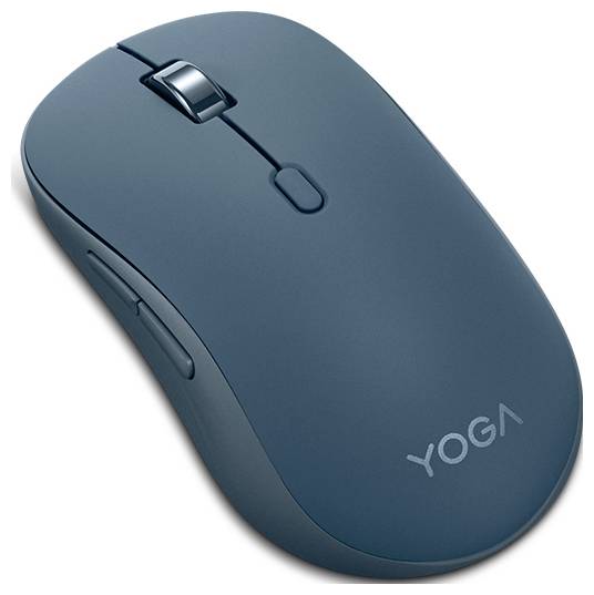Une souris sans fil élégante et bleue avec une molette de défilement, présentant le logo de marque « Yoga » dans le coin inférieur.