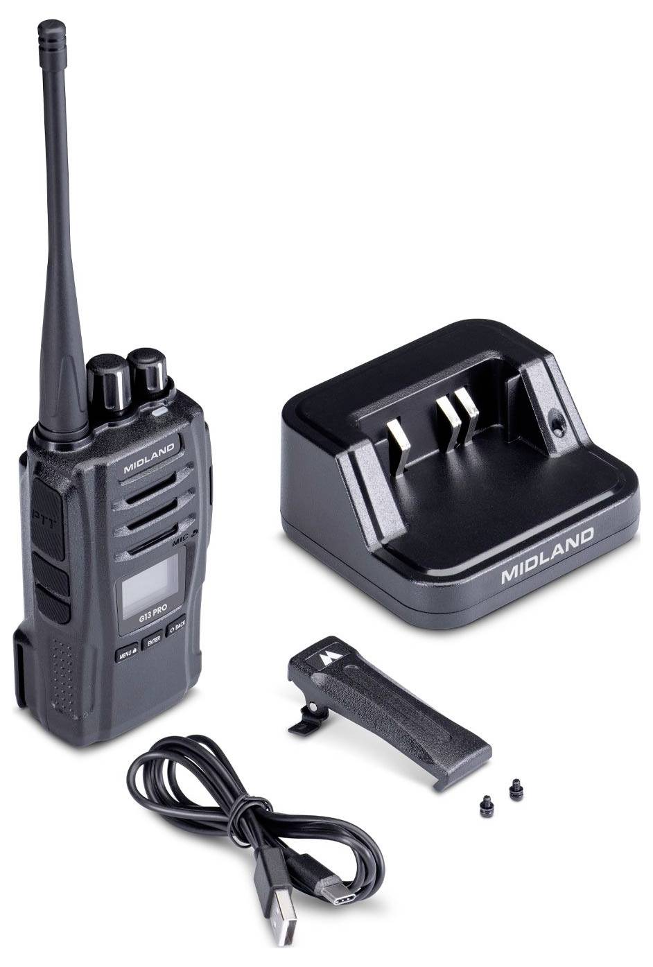 Radio bidirectionnel avec antenne, base de chargement étiquetée « Midland », pince de ceinture, câble USB et vis. Idéal pour la communication portable.