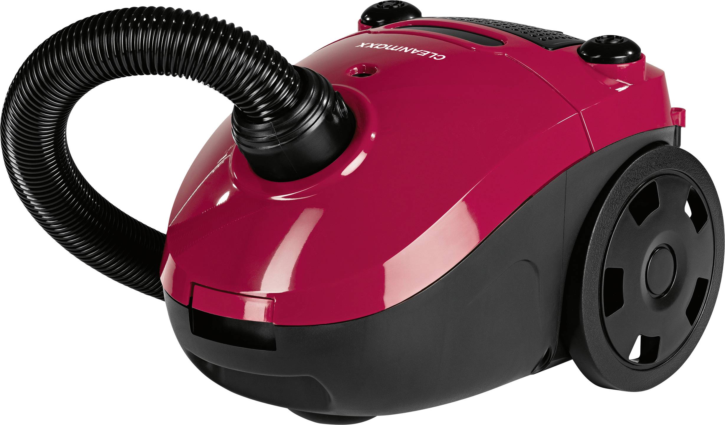 Un aspirateur rouge avec un tuyau noir et des roues est présenté sur un fond blanc.