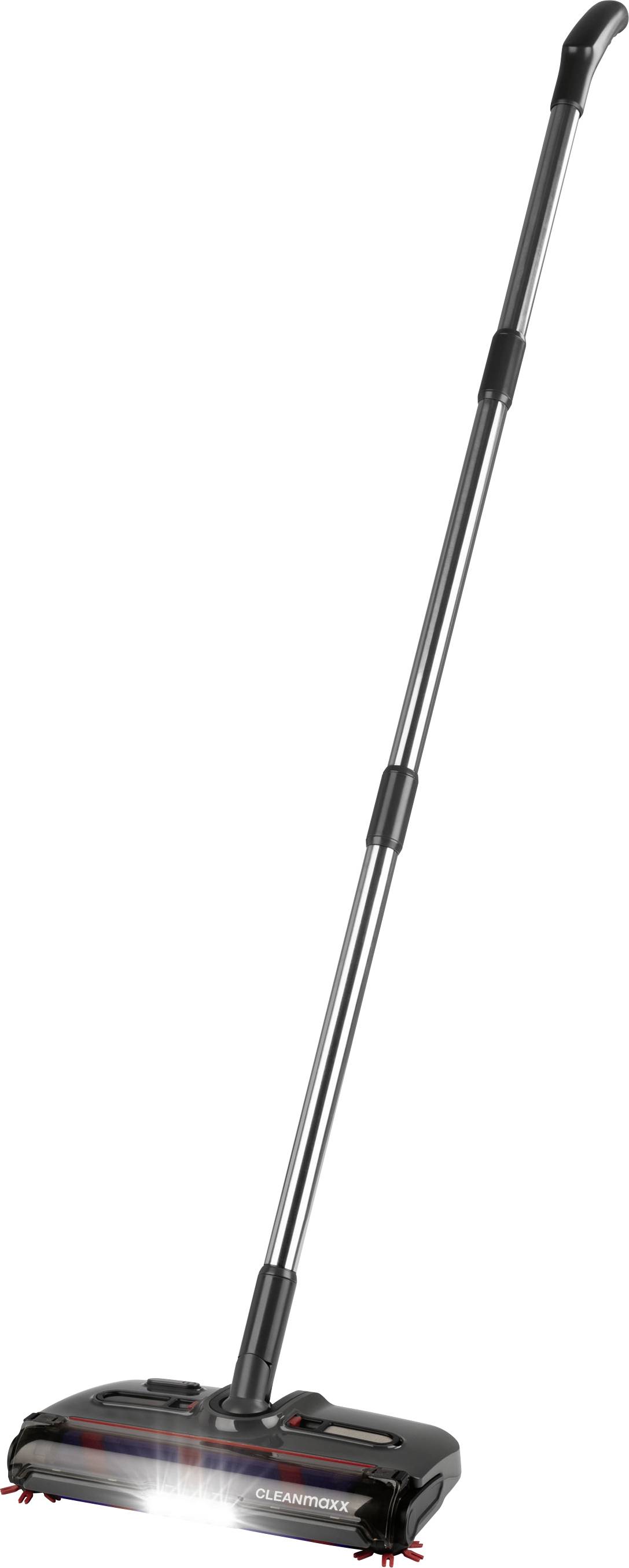 Un balai électrique vertical avec un long manche et une base noire, équipé de brosses et d'une petite lumière à l'avant pour nettoyer les sols.
