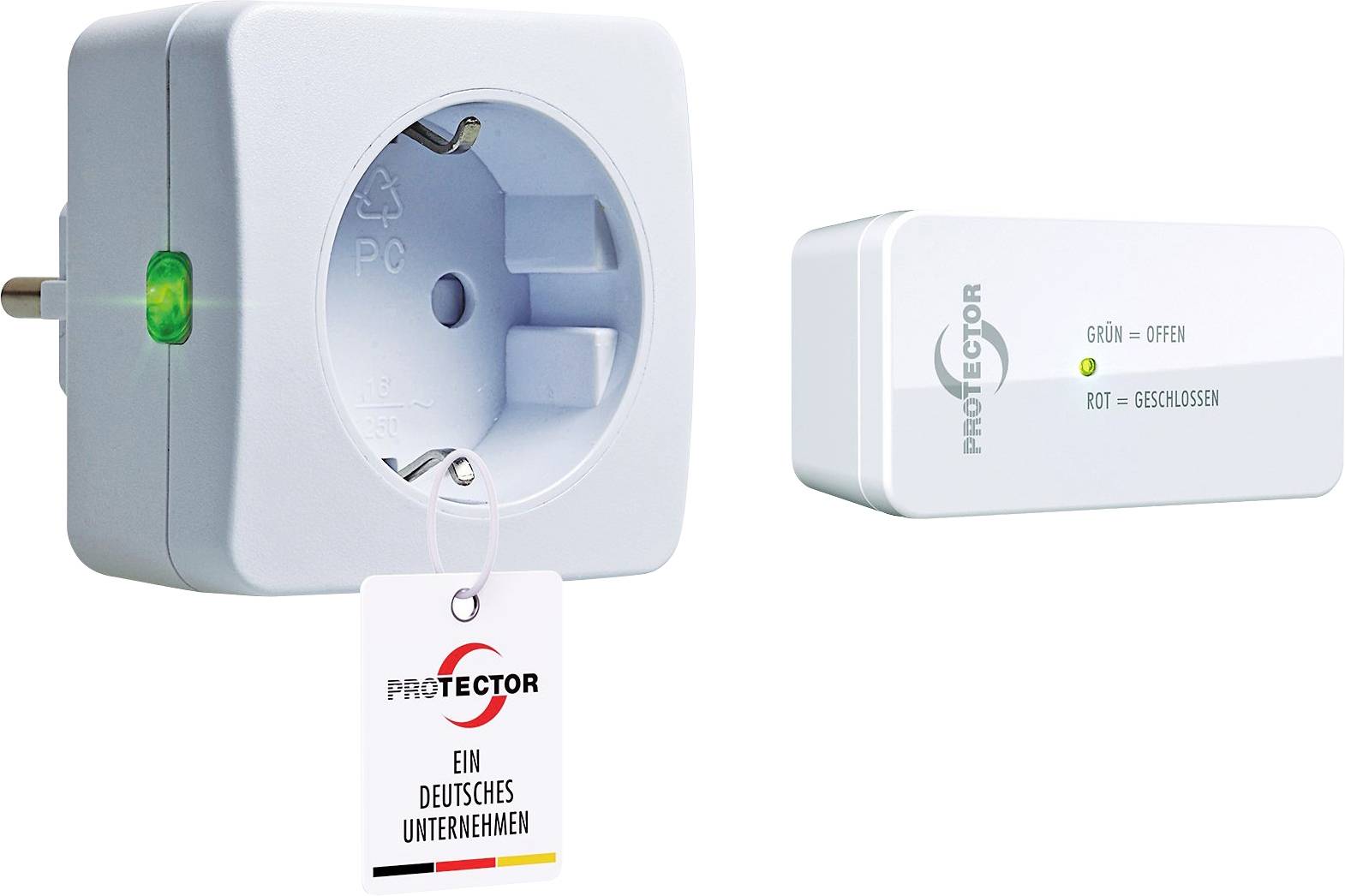 Prise électrique de marque « Protector » et appareil connecté étiqueté « Grün = Offen » et « Rot = Geschlossen », indiquant l'état ouvert/fermé.