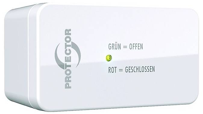 Appareil rectangulaire blanc avec un voyant LED vert et texte allemand indiquant les statuts : « Grün = Offen » (Ouvert) et « Rot = Geschlossen » (Fermé).