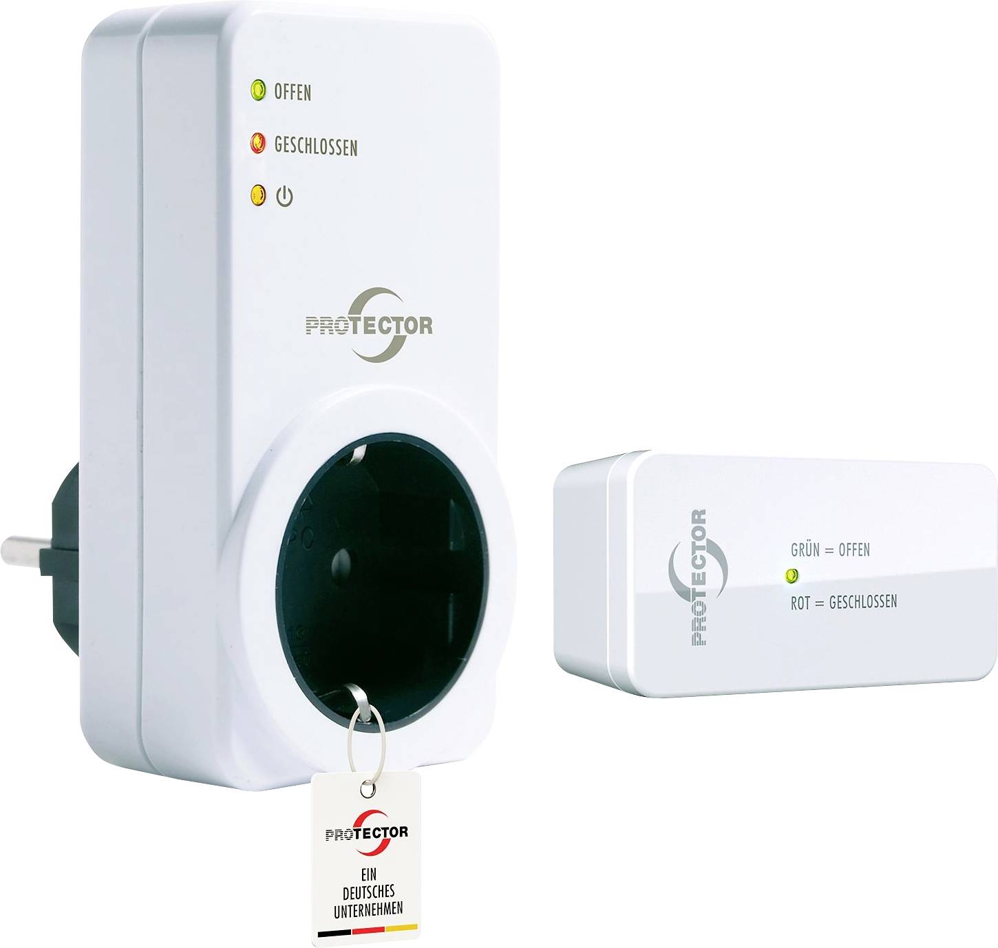 Une prise électronique blanche avec une clé insérée, affichant des LED étiquetées « Offen » (vert) et « Geschlossen » (rouge) indiquant l'état du verrou.