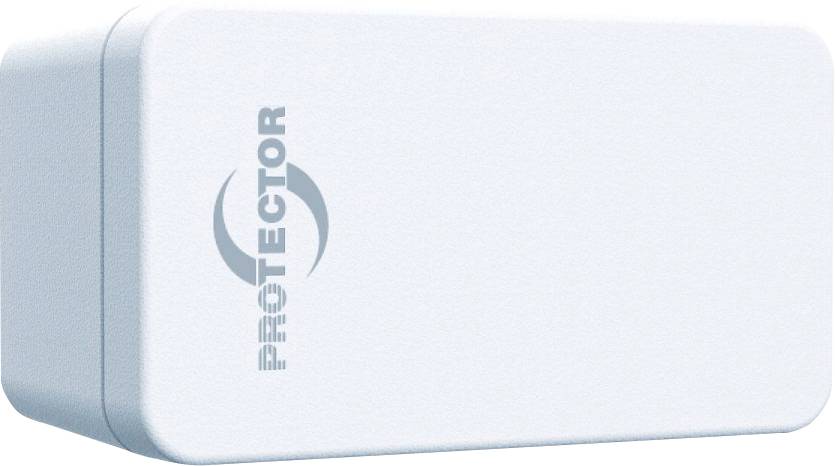 Un objet rectangulaire blanc avec le mot « PROTECTOR » imprimé sur son côté en lettres grises, comportant un design circulaire partiel.