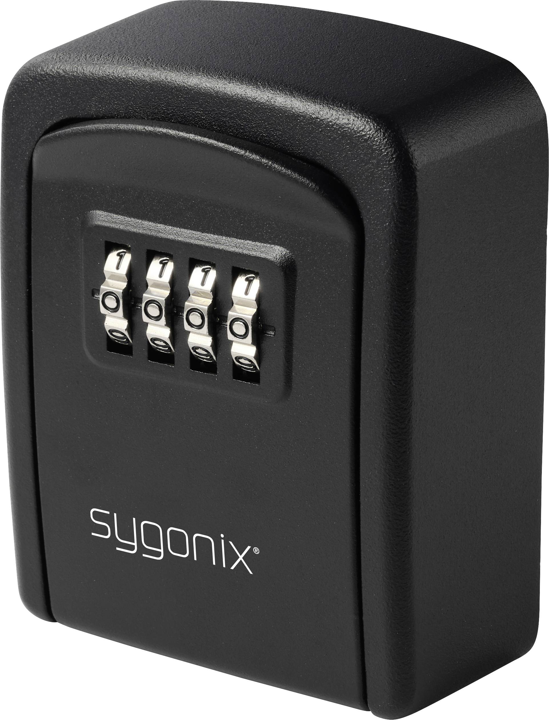 Boîte de rangement à combinaison Sygonix noire avec quatre cadrans à chiffres sur la face avant.