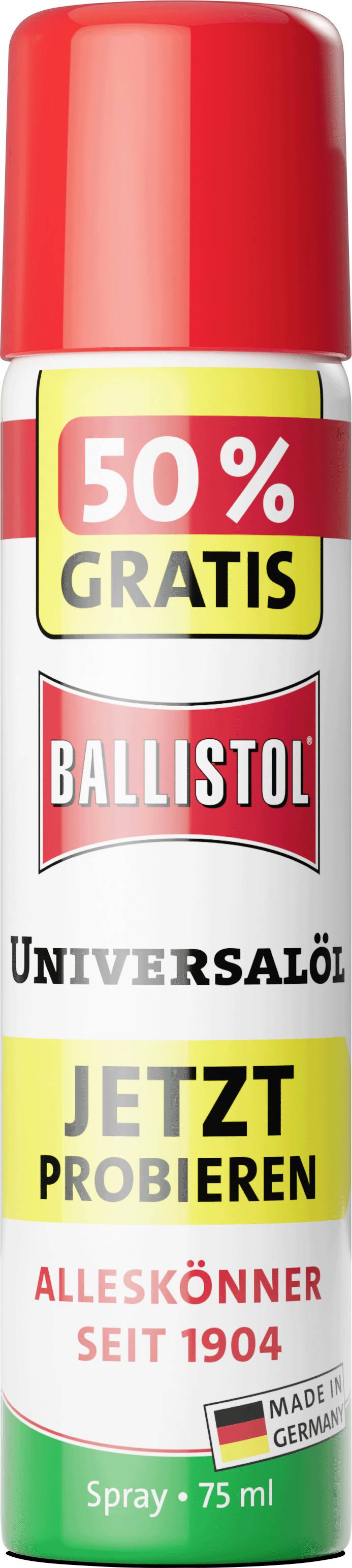 Bombe aérosol rouge et blanche étiquetée « Ballistol Universalöl ». Le haut indique « 50% Gratis », avec « Jetzt probieren » en jaune. Le bas mentionne « Seit 1904 » et « Made in Germany ».