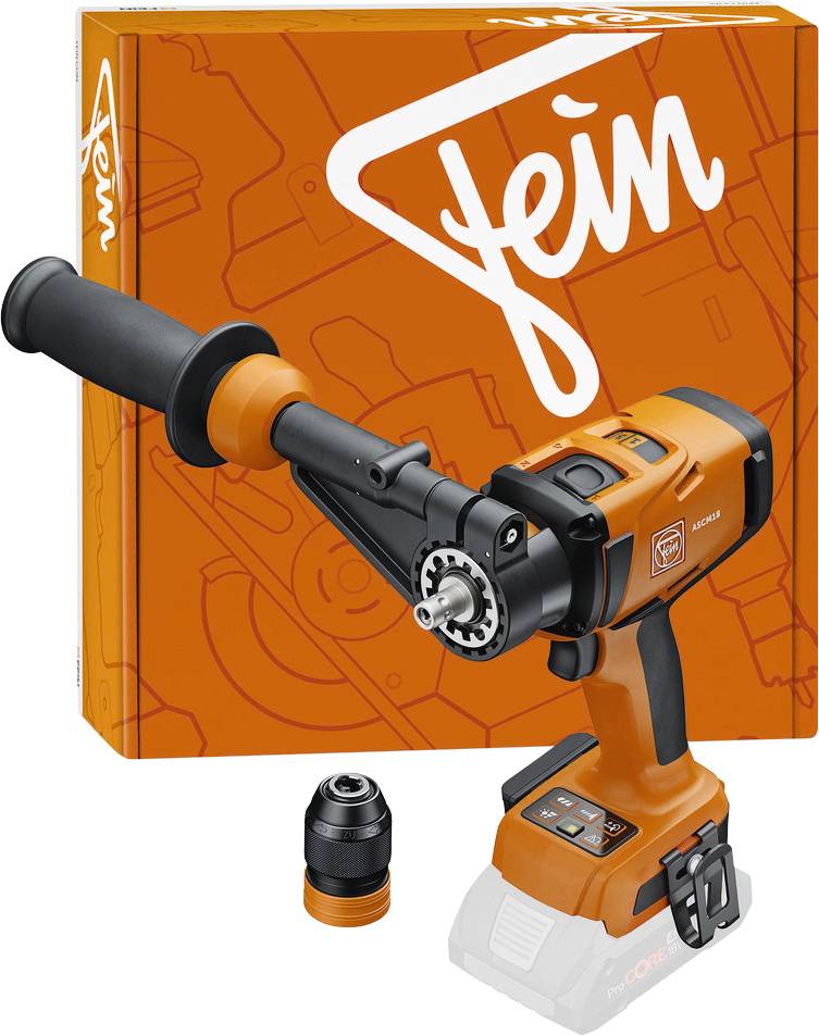 Perceuse sans fil orange 'Fein' avec poignée latérale et tête de perceuse supplémentaire, affichée devant sa boîte d'emballage avec le logo 'Fein'.