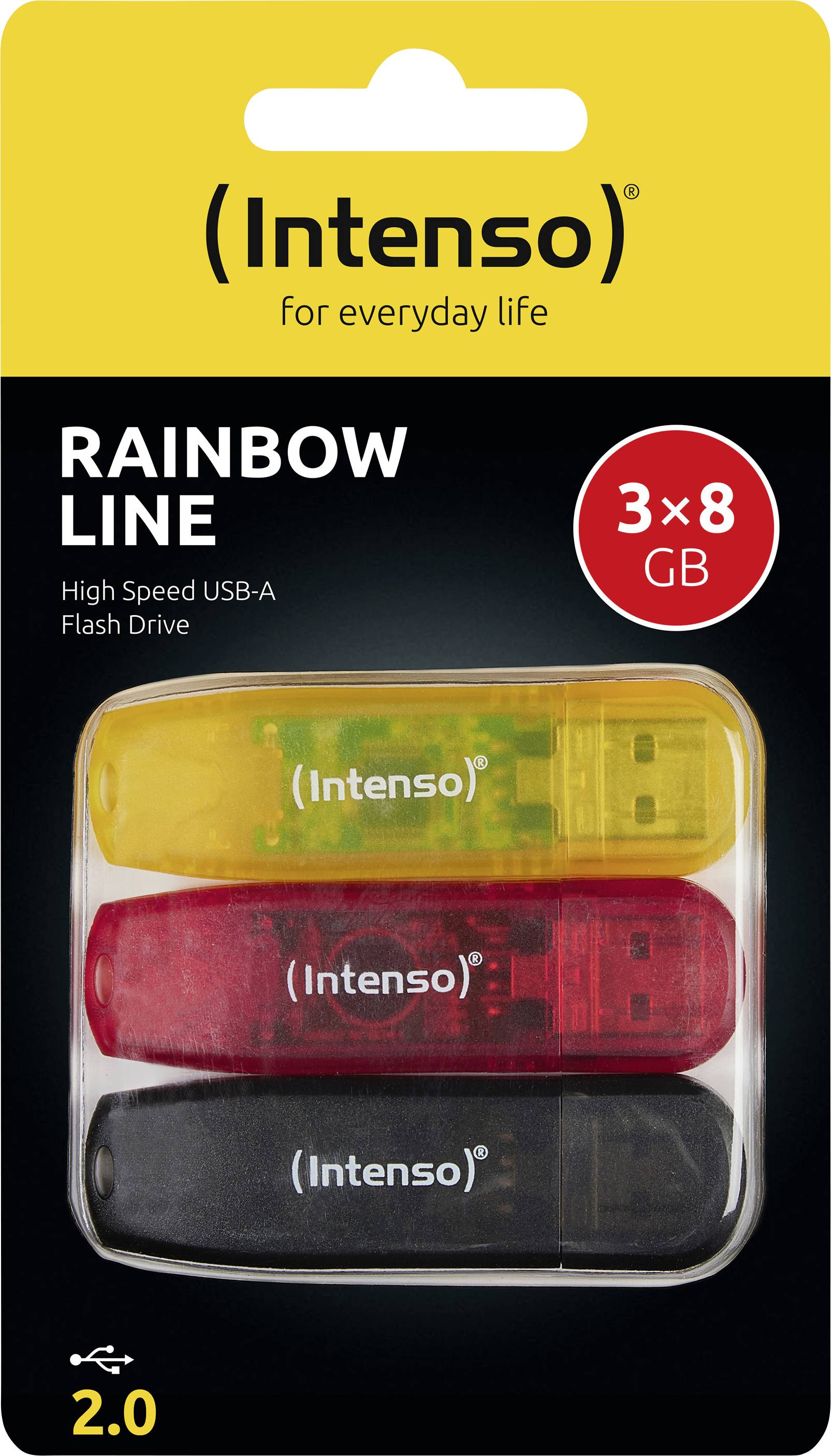 Pack « Intenso Rainbow Line » contenant trois clés USB-A 8 GB en jaune, rouge et noir. Texte : « Clé USB-A haute vitesse ».