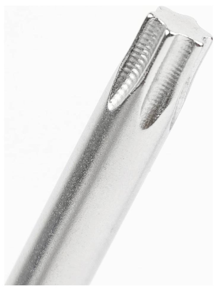 Une image en gros plan d'un outil métallique de forme cylindrique cannelée avec plusieurs dents à une extrémité, généralement utilisé pour des tâches de forage ou de vissage.