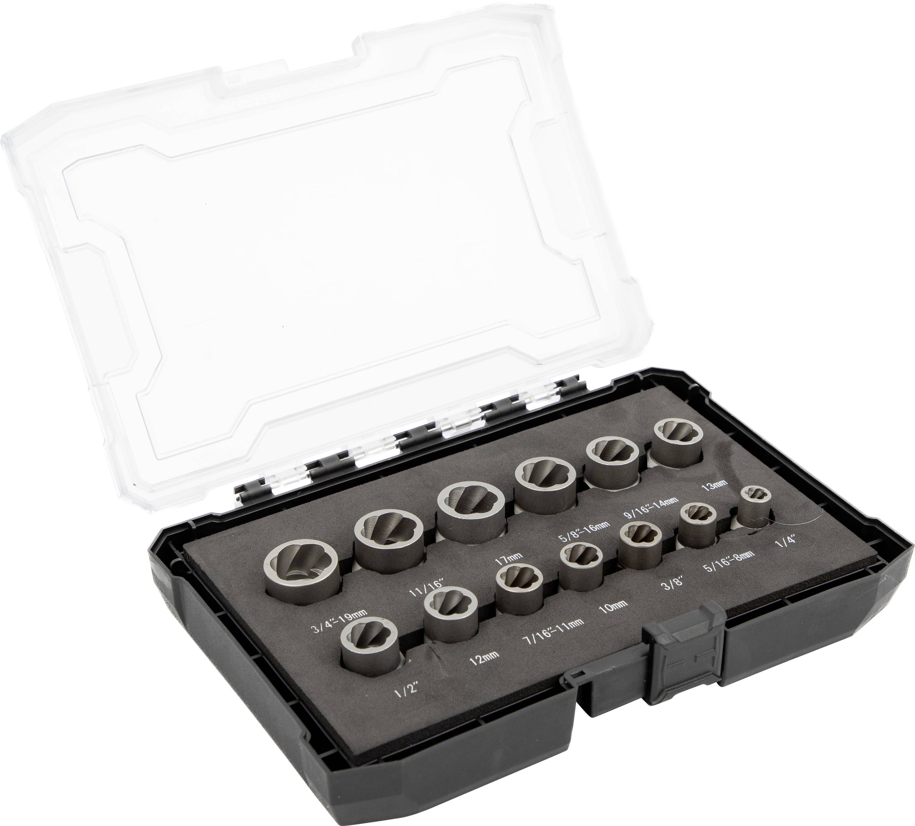 Un étui noir contenant un ensemble d'embouts de clé à douille en argent de différentes tailles, disposés en deux rangées sur un insert en mousse.