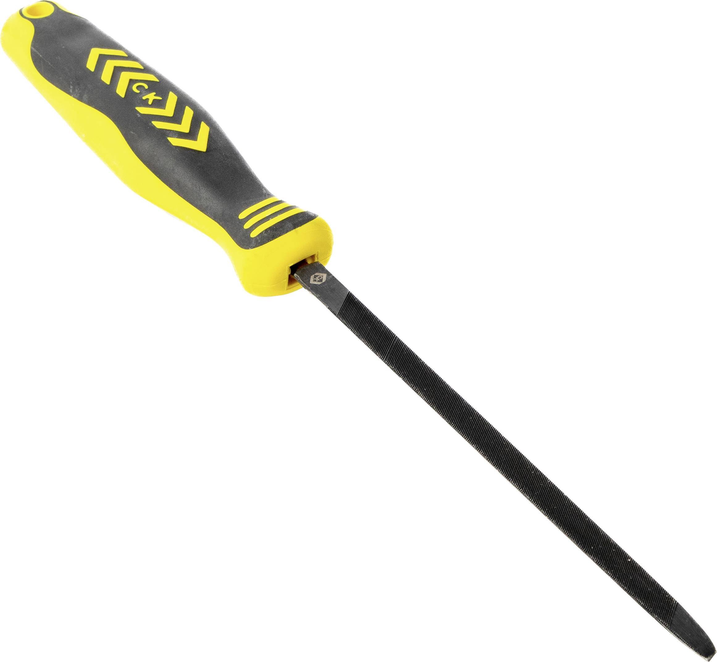 Outil lime plate jaune et noir avec poignée texturée, conçu pour façonner et lisser les surfaces.