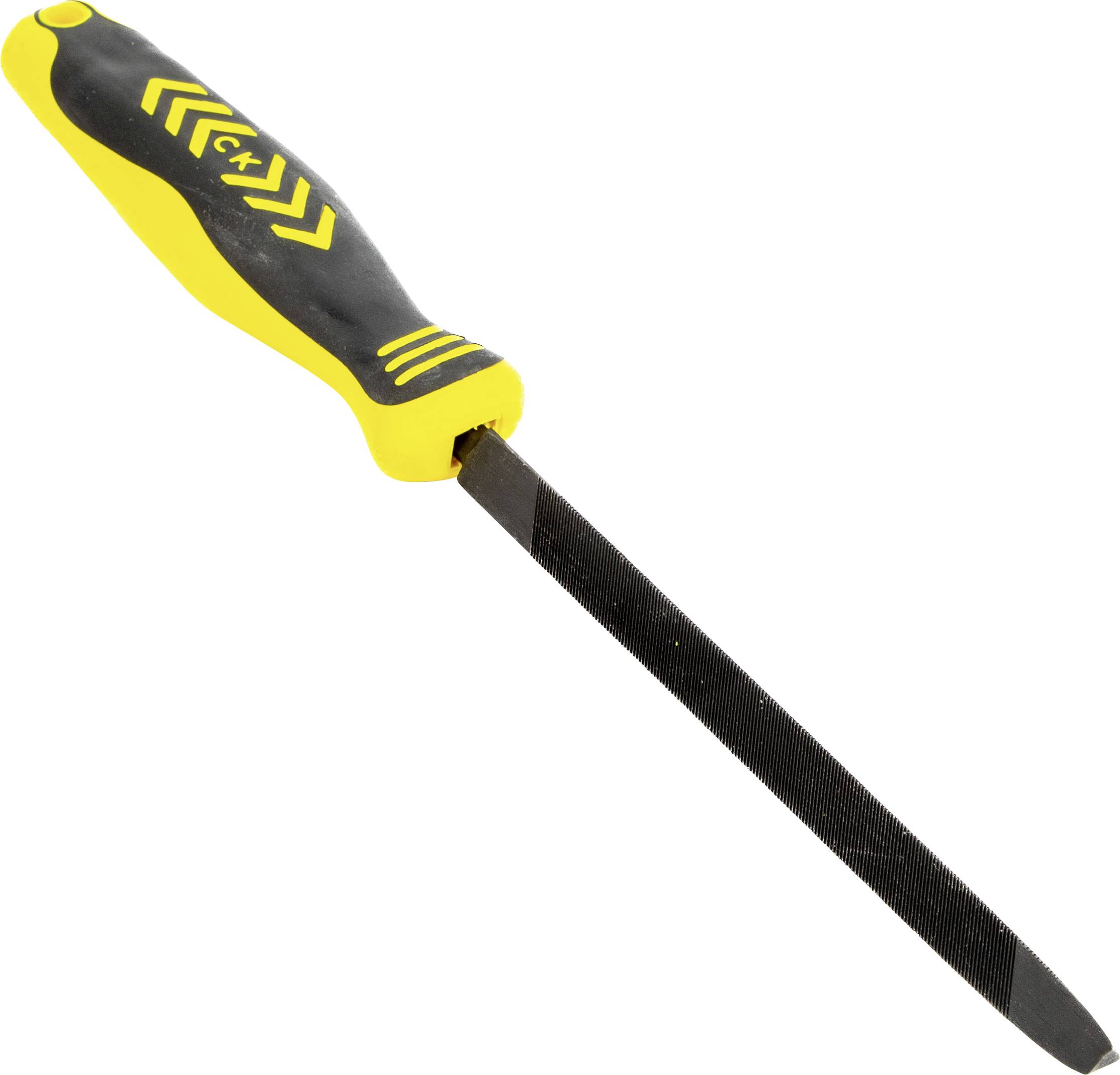 Une lime triangulaire en métal avec un manche jaune et noir, utilisée pour façonner et lisser les matériaux.