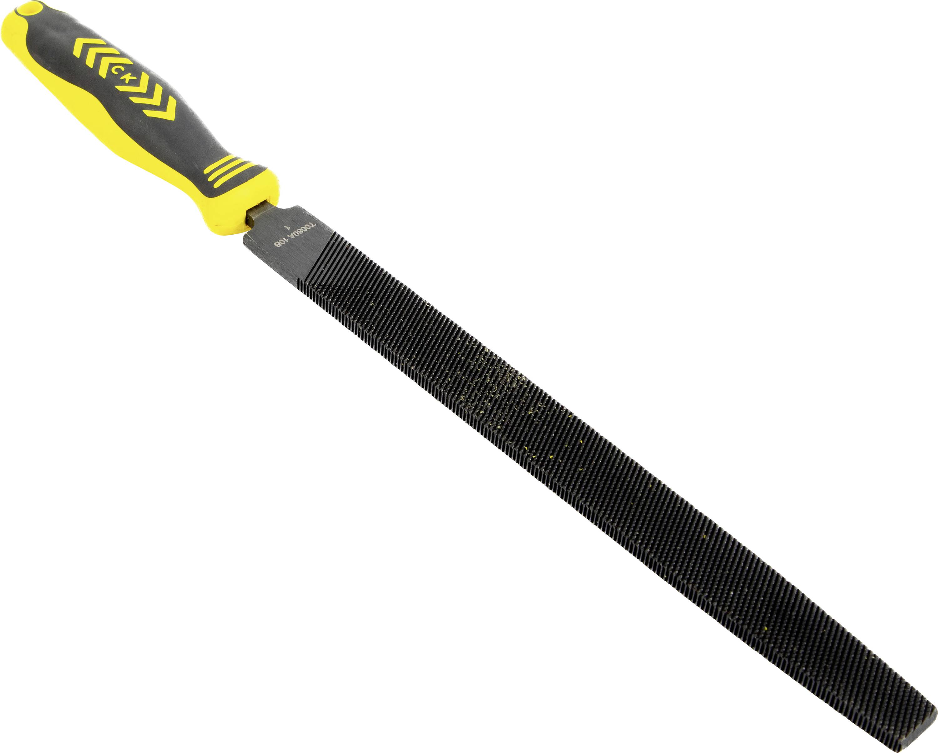 Une lime plate avec un manche jaune et noir, utilisée pour lisser ou façonner des surfaces en métal, bois ou plastique.