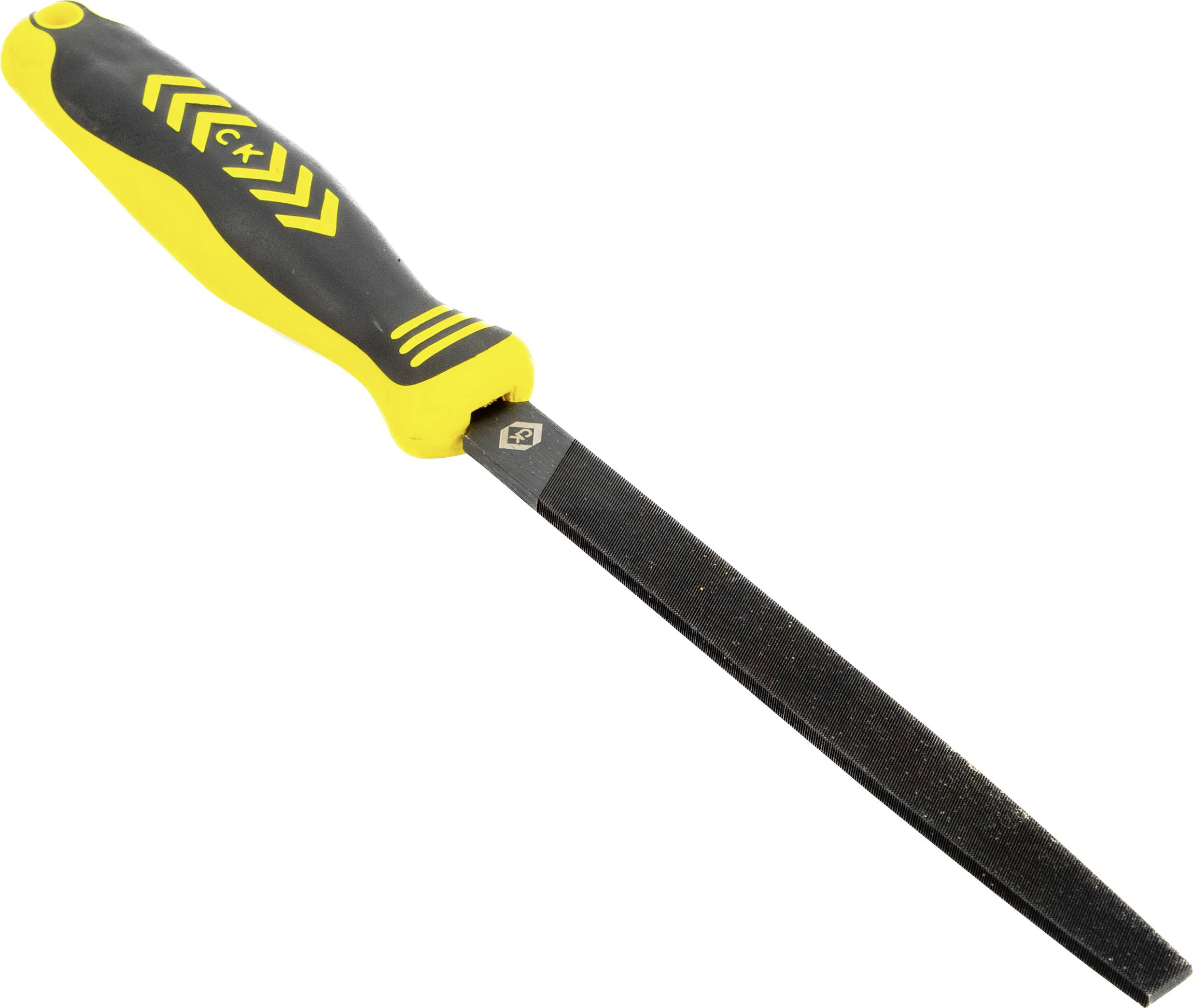 Une lime à main avec un manche jaune et noir, utilisée pour lisser les arêtes et les surfaces dans le travail du bois ou du métal.