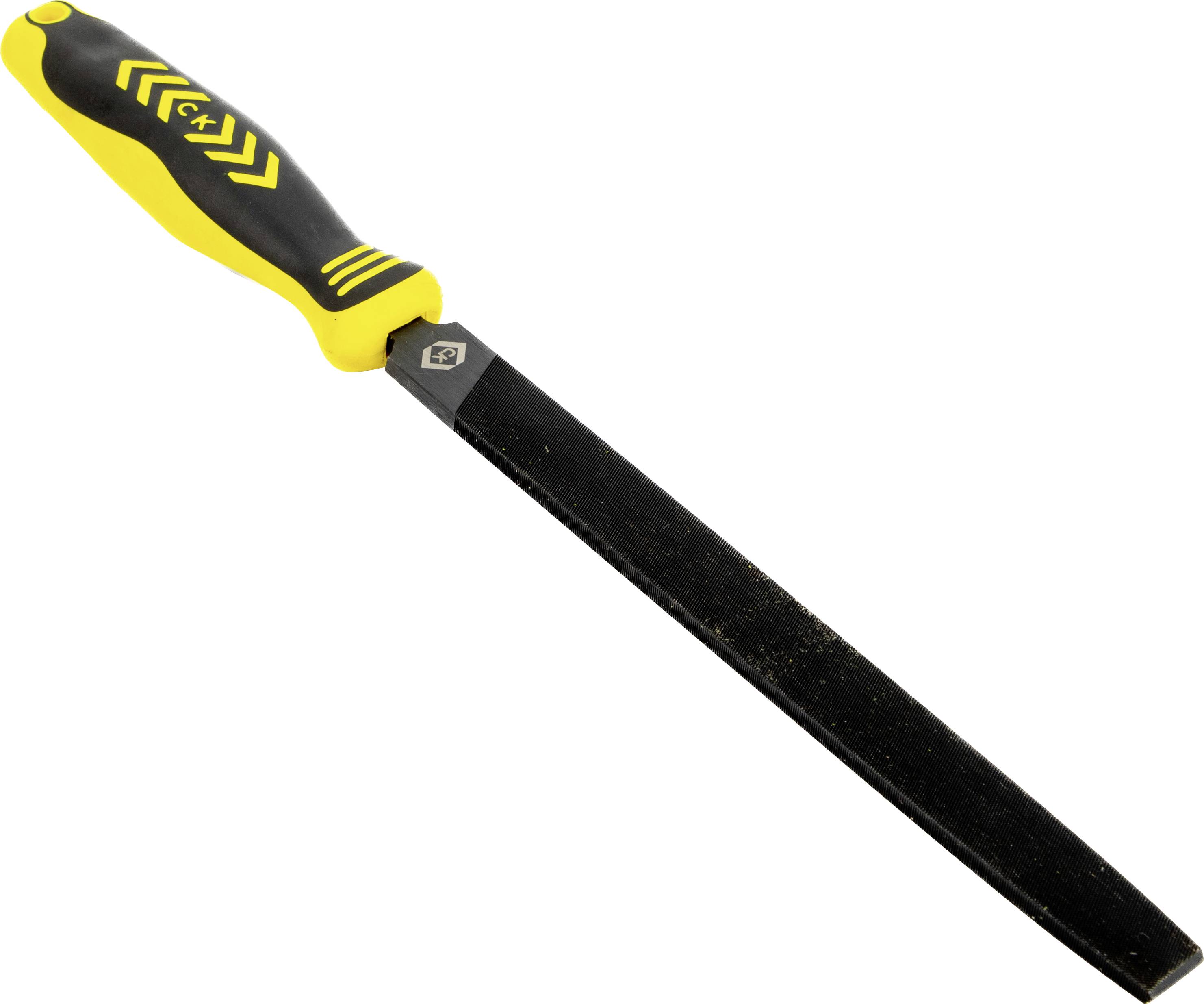 Lime à main avec un manche jaune et noir, dotée d'une lame métallique rectangulaire, utilisée pour lisser les surfaces ou les arêtes dans le travail du bois ou du métal.