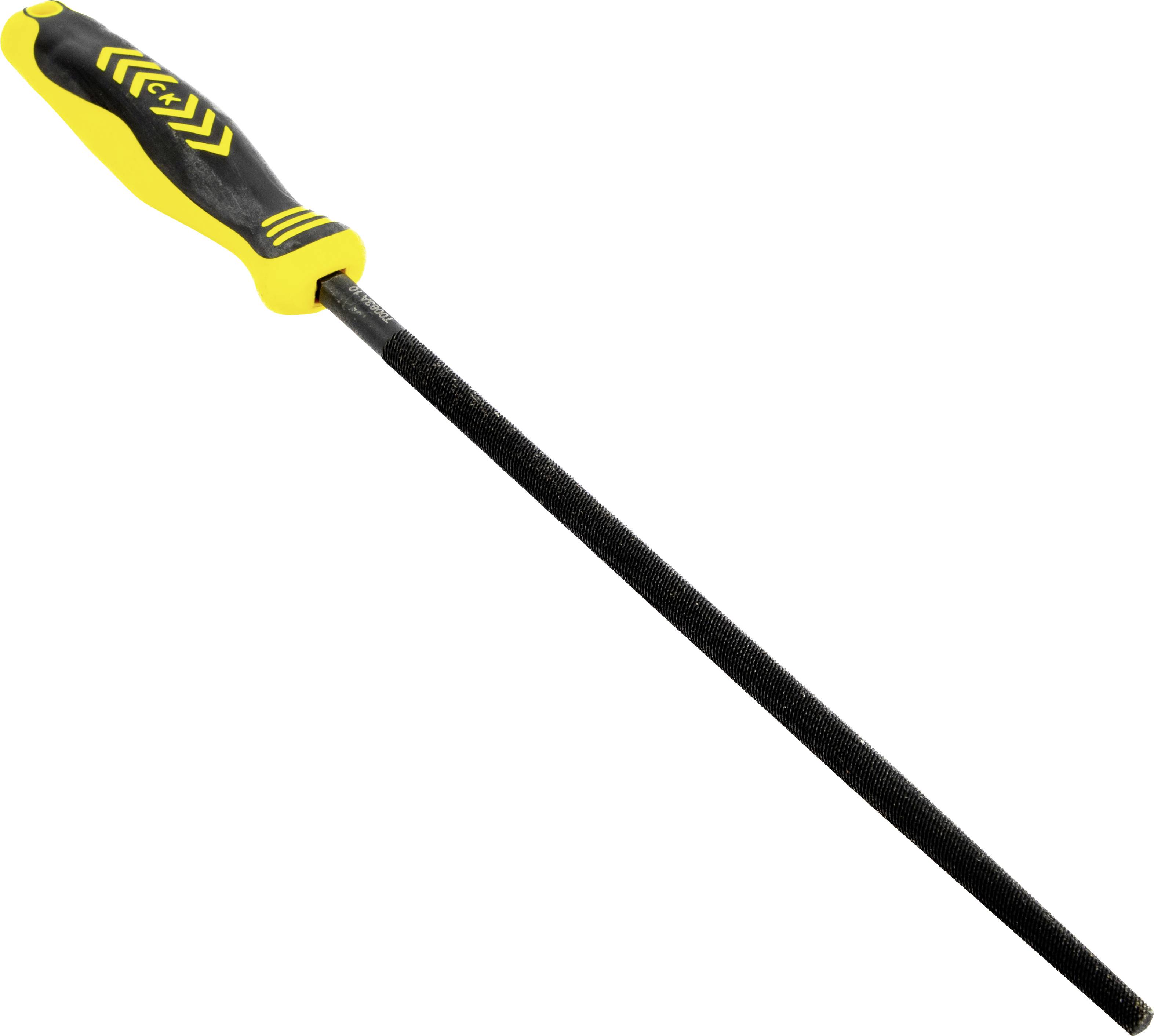 Une lime à main noire et jaune avec une poignée texturée et une surface de limage rugueuse, utilisée pour lisser ou façonner des matériaux.