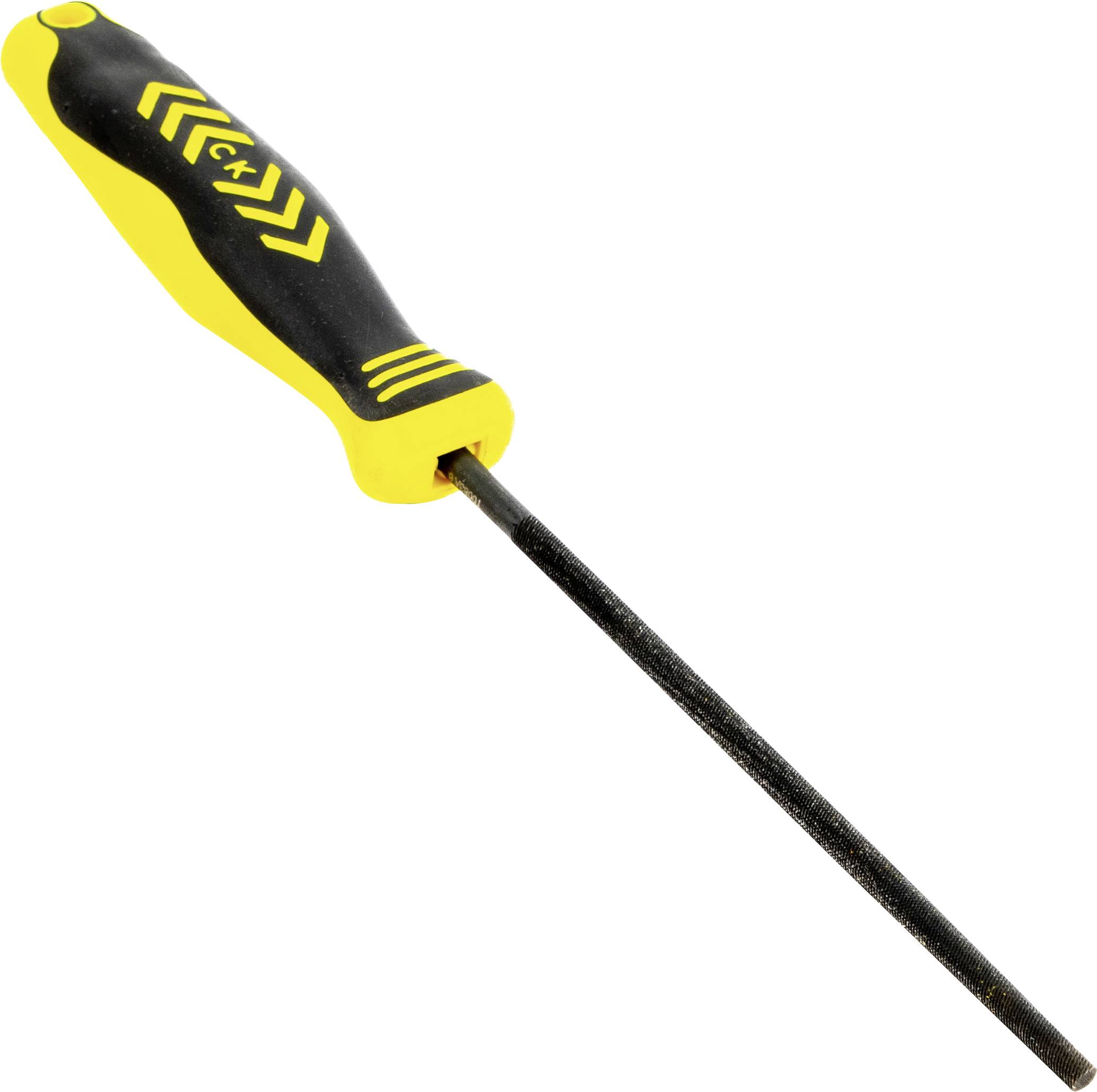 Un tournevis noir et jaune avec un long fût métallique, présentant un design de poignée ergonomique.