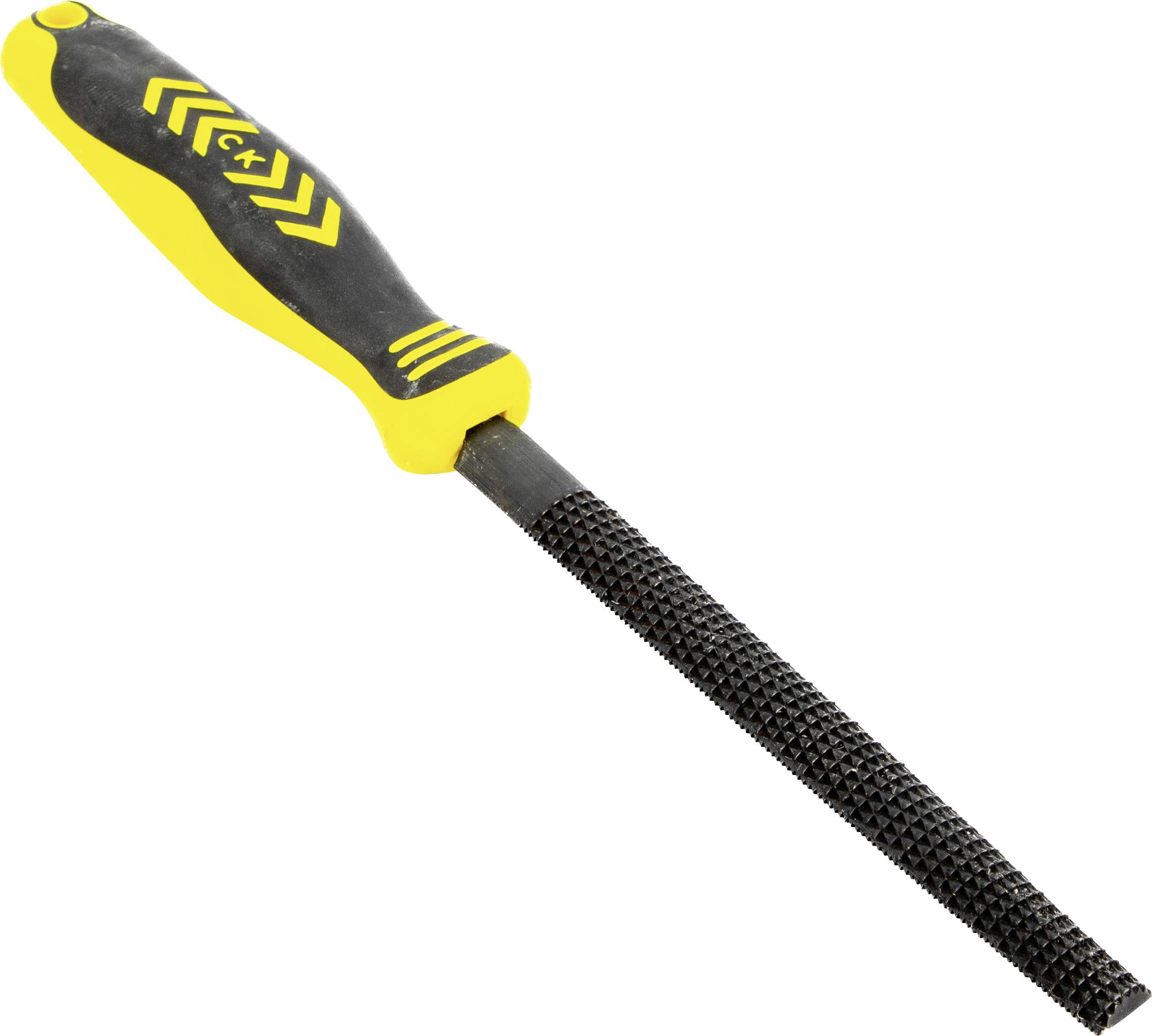 Une lime ronde à manche noir et jaune avec une surface métallique cylindrique grossière, utilisée pour lisser ou façonner des matériaux.
