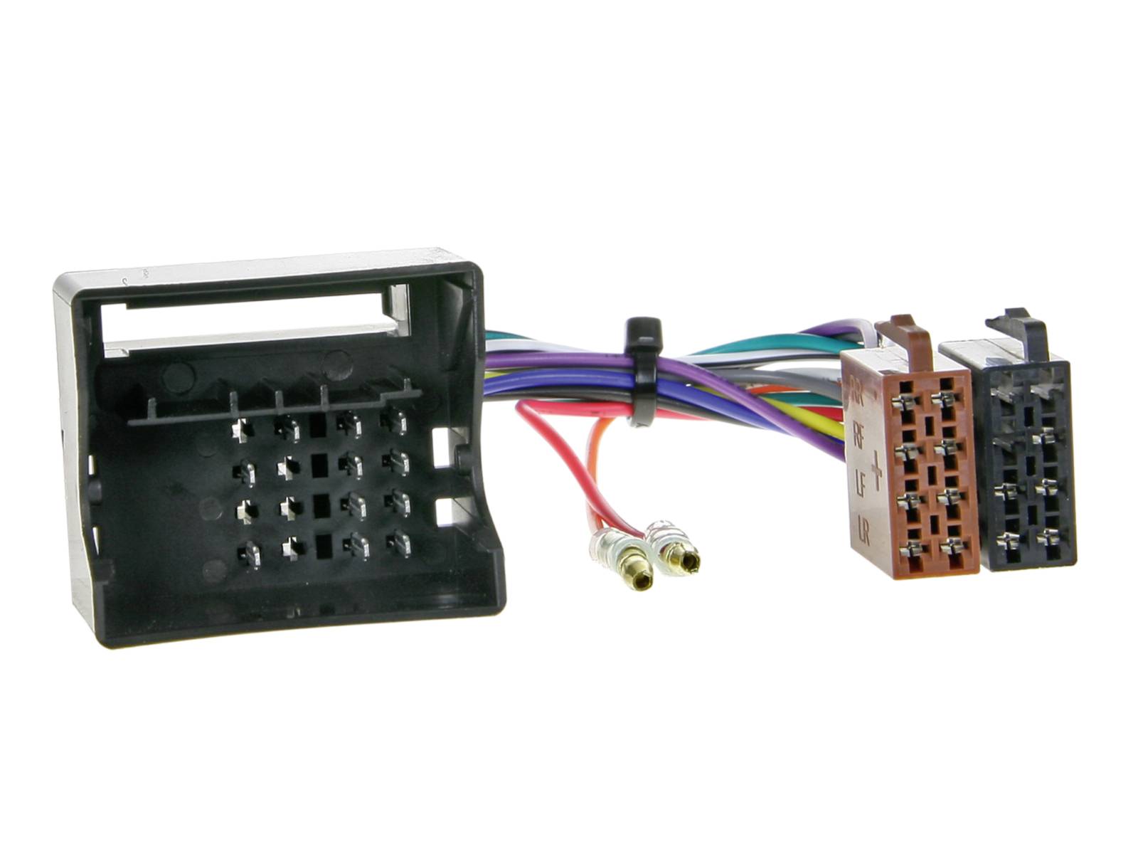 Car stereo wiring harness with black and brown multi-pin connectors and bundled colored wires on a white background.