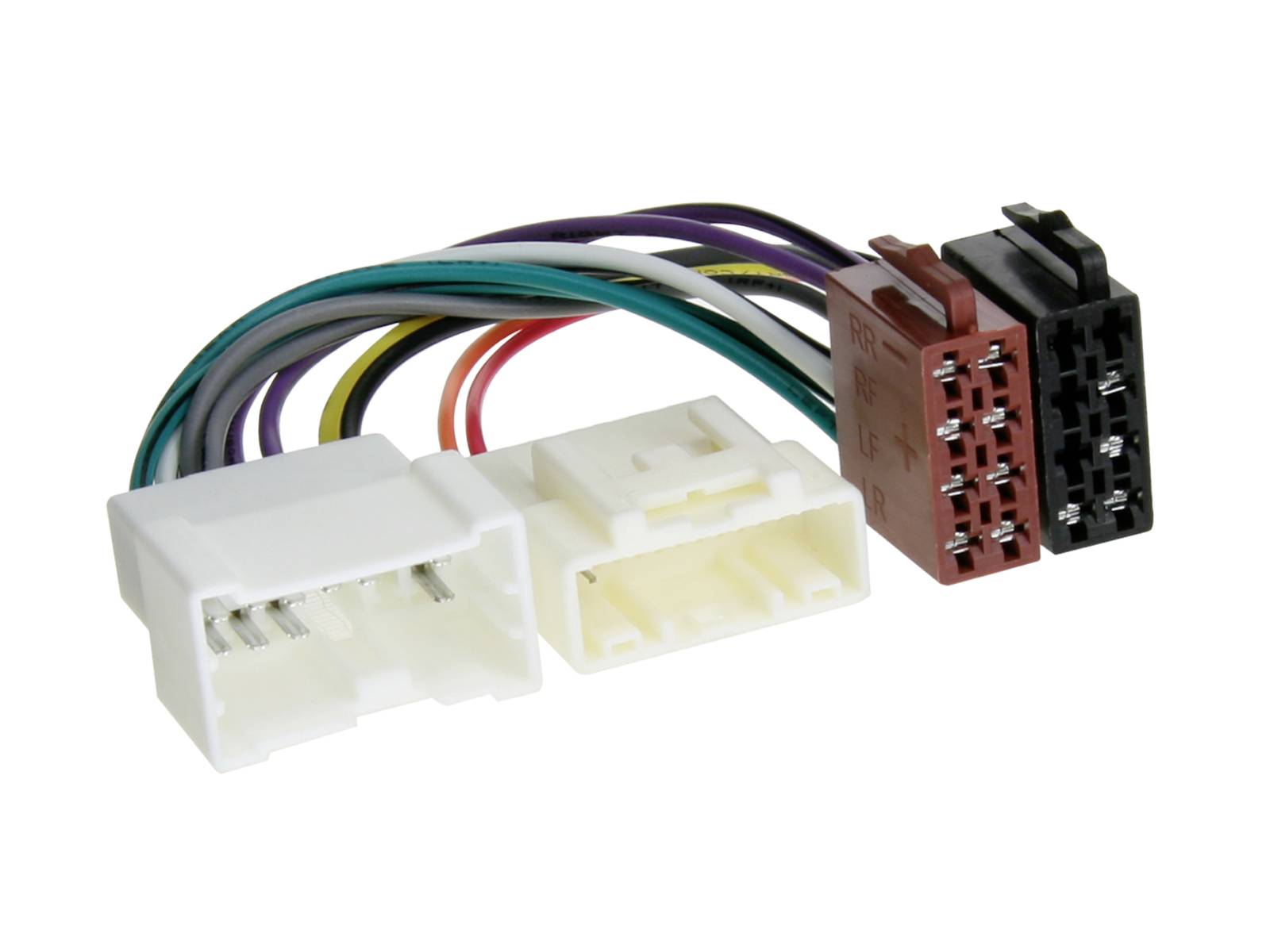 Faisceau de câblage automobile multicolore avec quatre connecteurs électriques en plastique sur fond blanc.