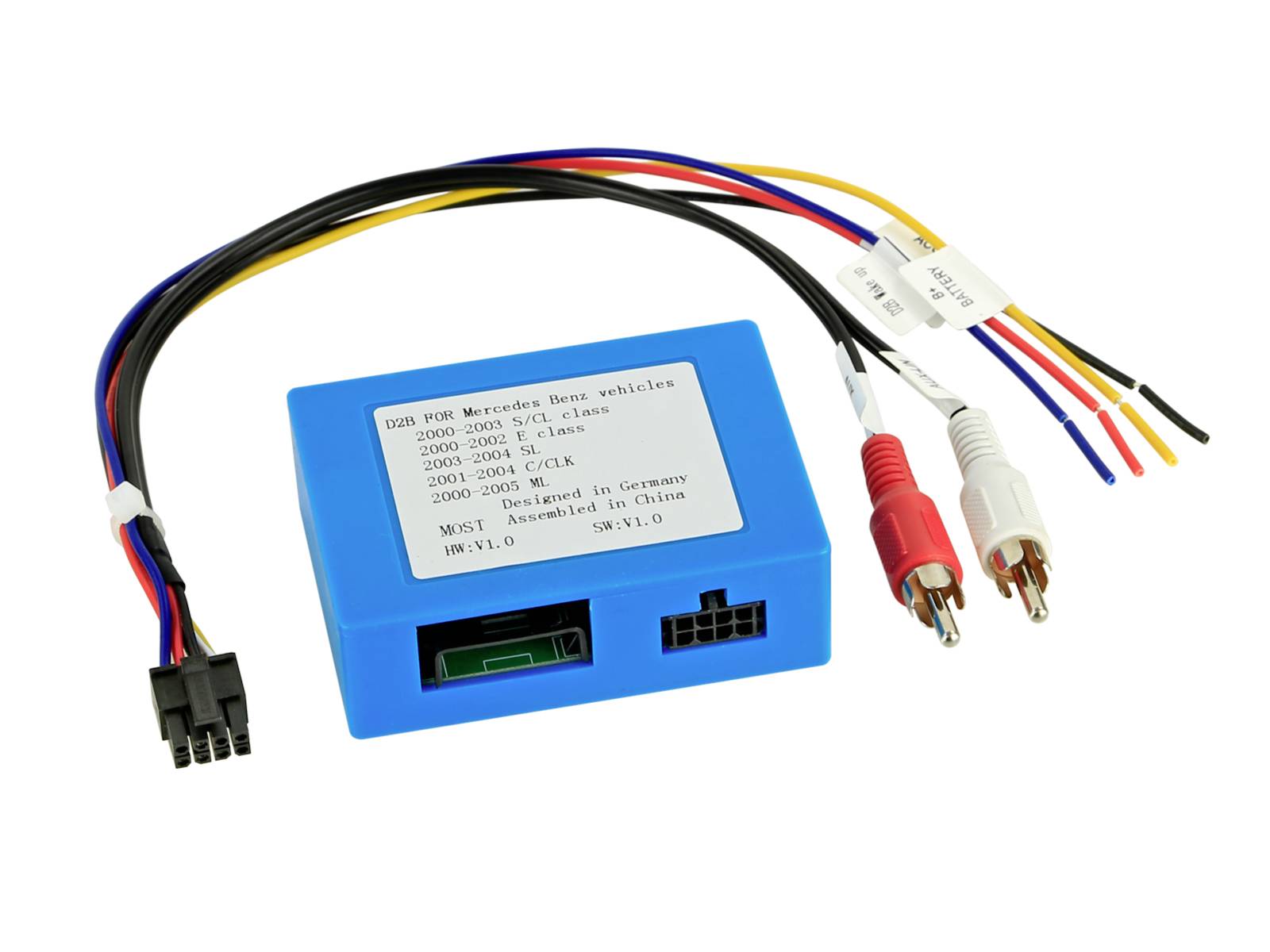 Blue Mercedes-Benz car radio interface module with wiring harness and RCA connectors for stereo installation.